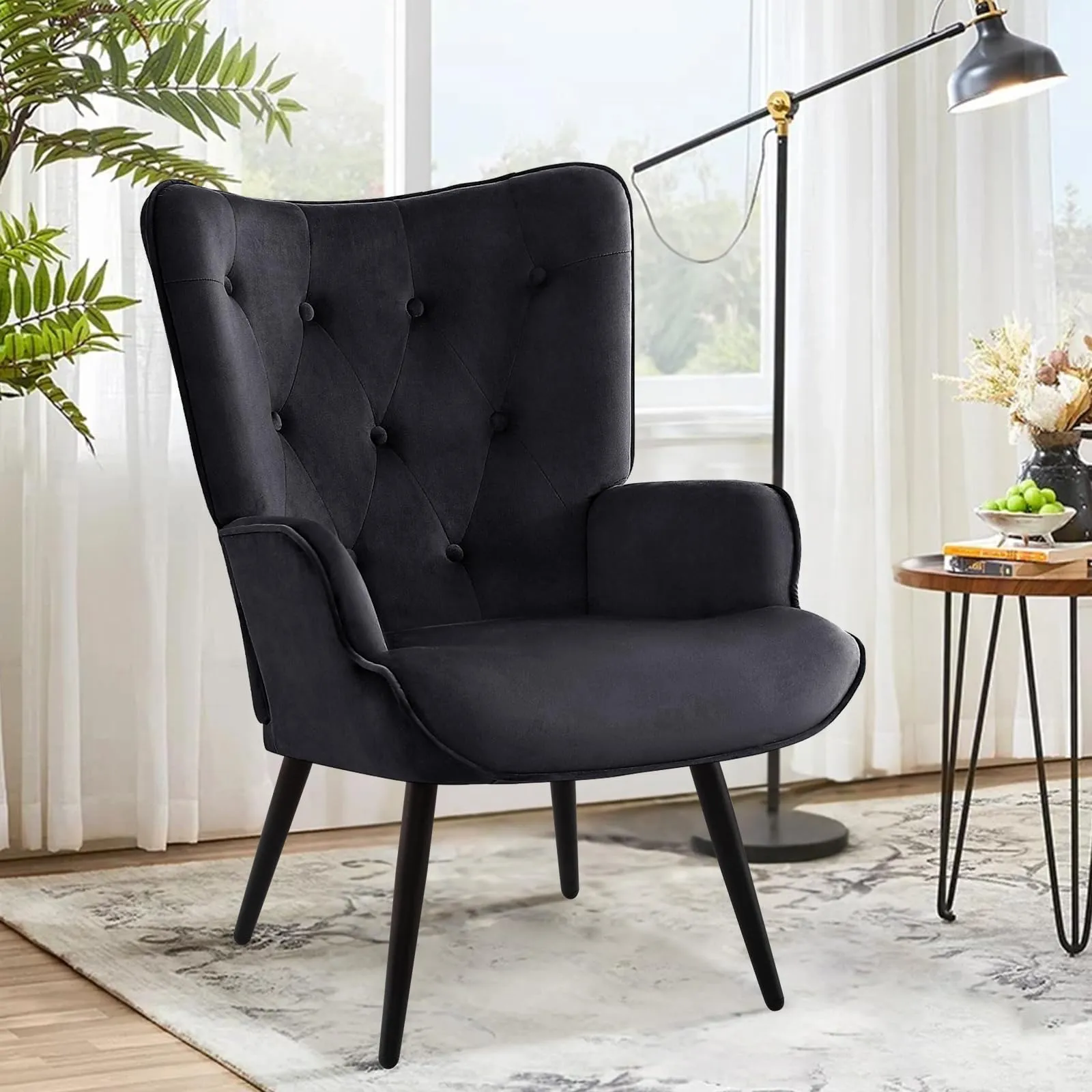 Ckaff Poltrona Salotto Imbottita Scandinava in Velluto con Braccioli e Schienale Alto, Nero - immagine 1