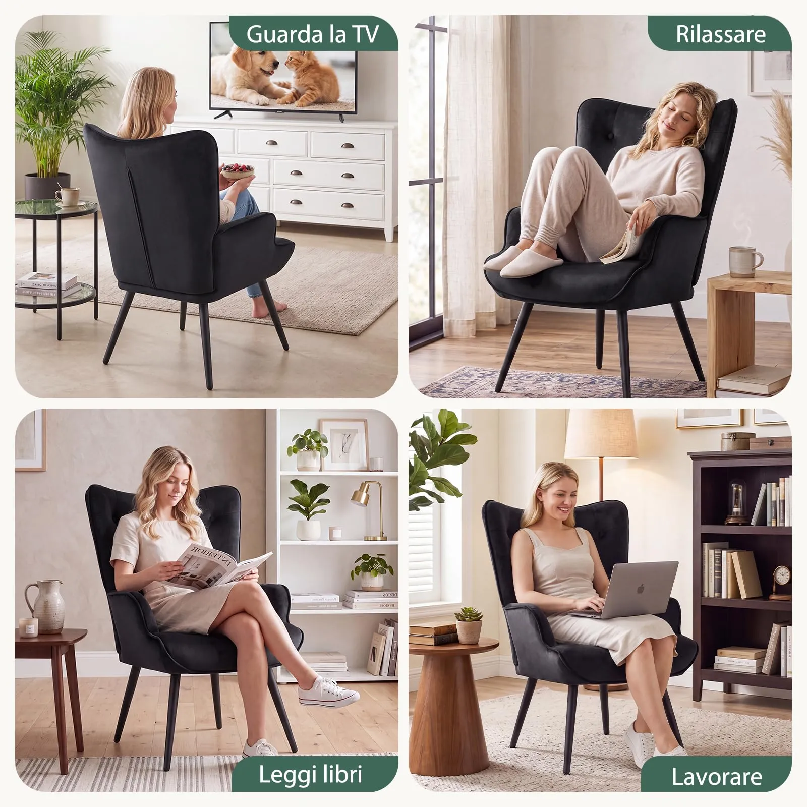 Ckaff Poltrona Salotto Imbottita Scandinava in Velluto con Braccioli e Schienale Alto, Nero - immagine 2