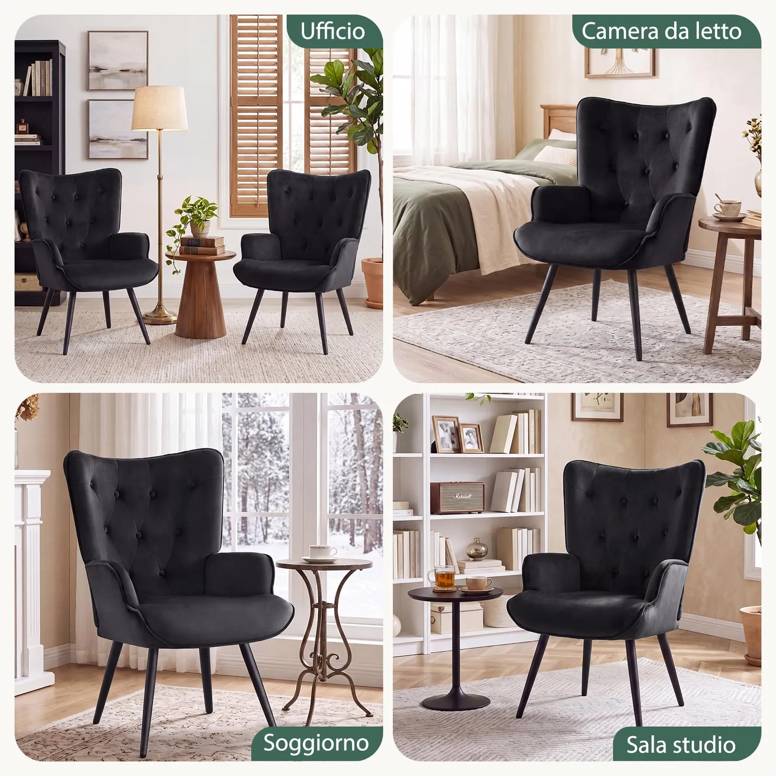 Ckaff Poltrona Salotto Imbottita Scandinava in Velluto con Braccioli e Schienale Alto, Nero - immagine 3