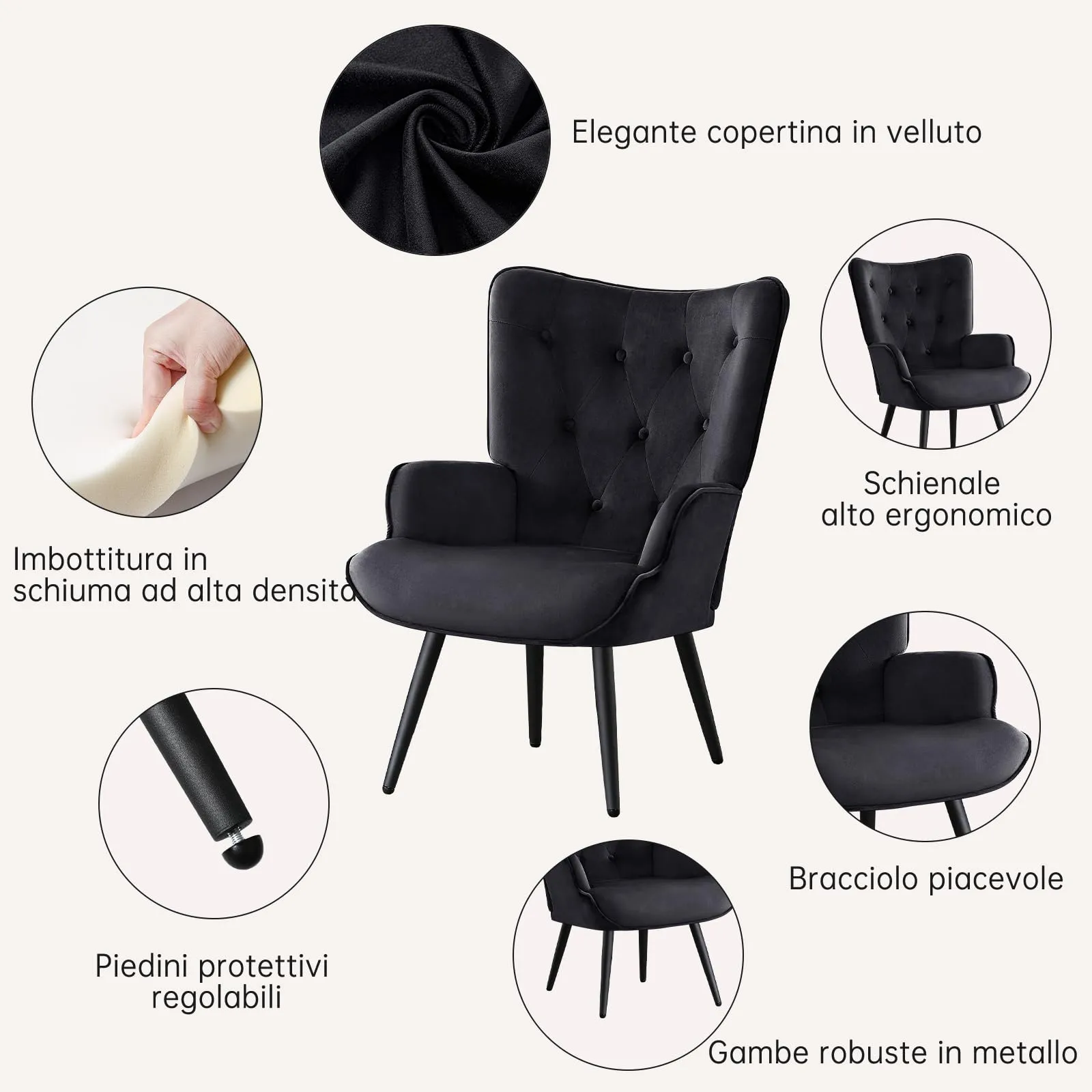 Ckaff Poltrona Salotto Imbottita Scandinava in Velluto con Braccioli e Schienale Alto, Nero - immagine 4
