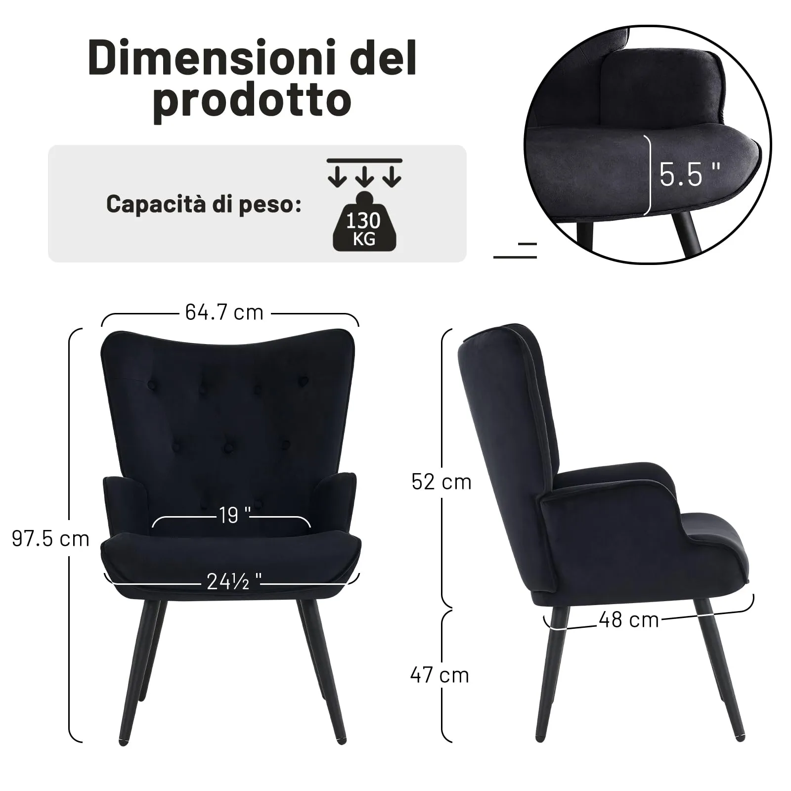 Ckaff Set di 2 Poltrone Salotto Imbottite in Velluto con Braccioli, Nero - immagine 7