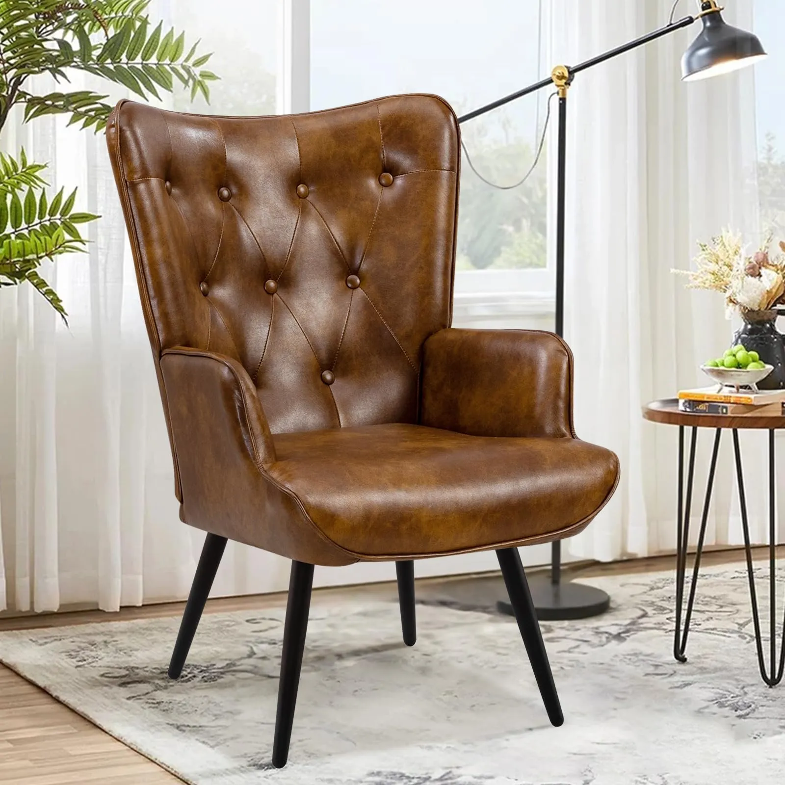 Ckaff Poltrona Salotto Imbottita Scandinava in Finta Pelle con Braccioli e Schienale Alto, Marrone - immagine 1