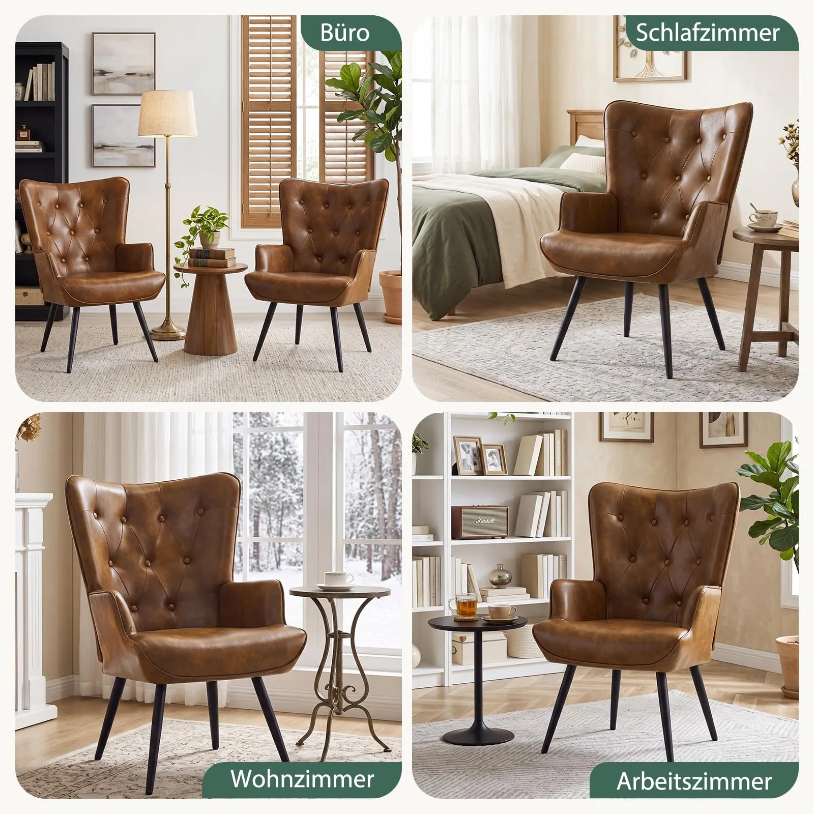 Ckaff Poltrona Salotto Imbottita Scandinava in Finta Pelle con Braccioli e Schienale Alto, Marrone - immagine 3