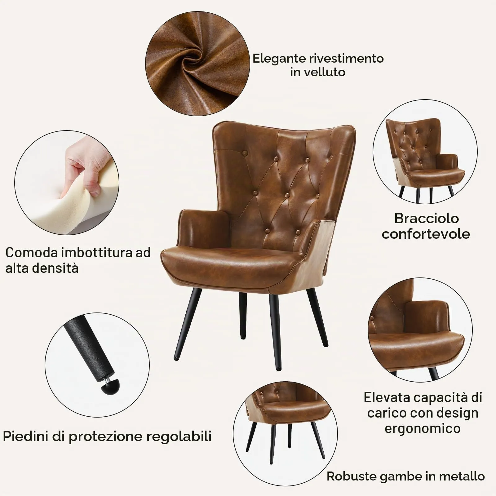 Ckaff Poltrona Salotto Imbottita Scandinava in Finta Pelle con Braccioli e Schienale Alto, Marrone - immagine 4