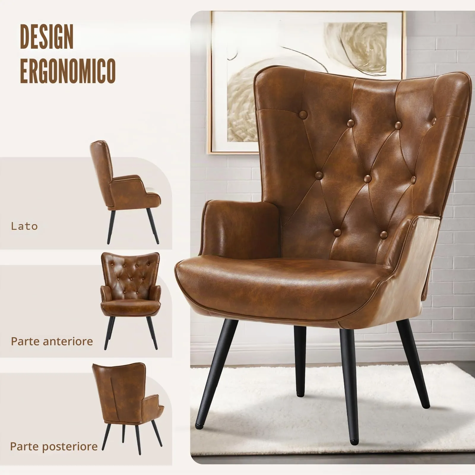 Ckaff Poltrona Salotto Imbottita Scandinava in Finta Pelle con Braccioli e Schienale Alto, Marrone - immagine 6