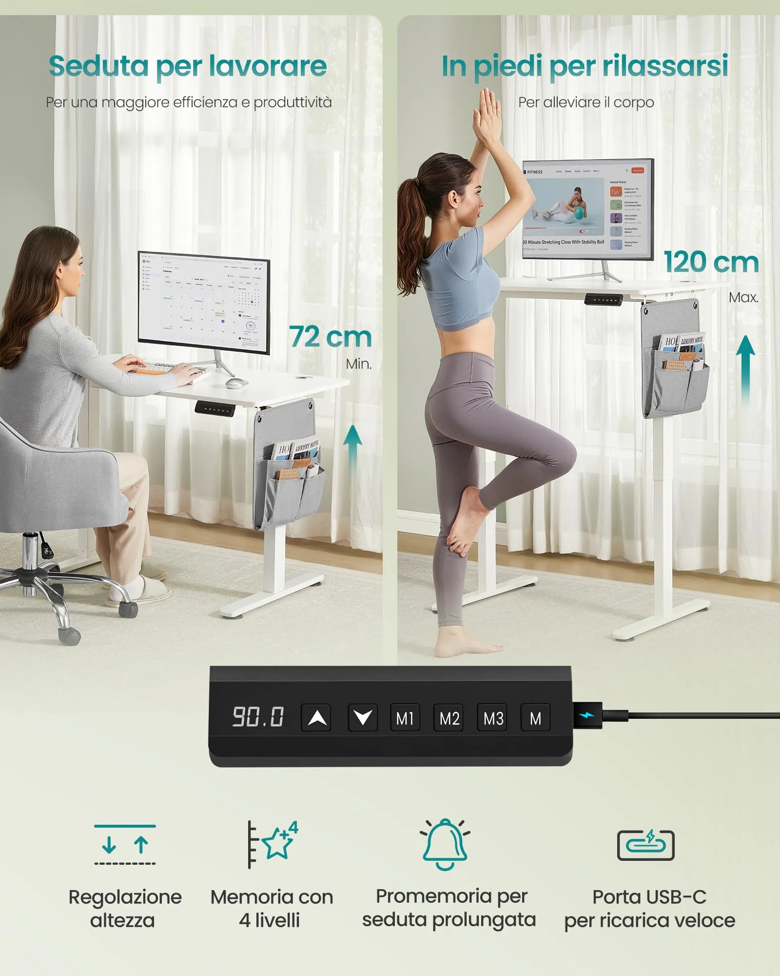 SONGMICS Scrivania Regolabile in Altezza Elettrica, 100 x 60 cm, Memoria per 4 Altezze, Porta USB-C, Bianco Opaco LSD130WZ01 - immagine 3