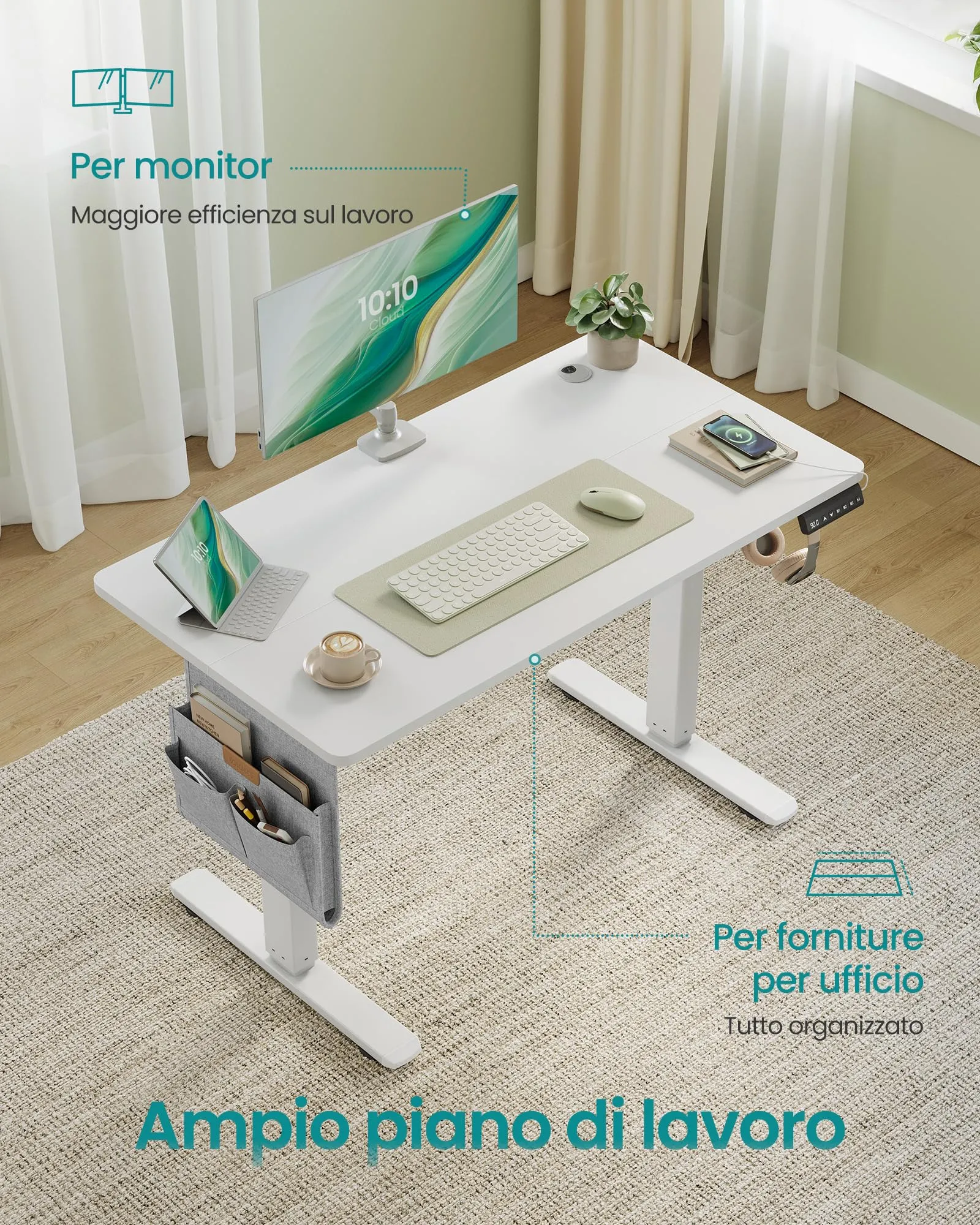 SONGMICS Scrivania Regolabile in Altezza Elettrica, 100 x 60 cm, Memoria per 4 Altezze, Porta USB-C, Bianco Opaco LSD130WZ01 - immagine 4