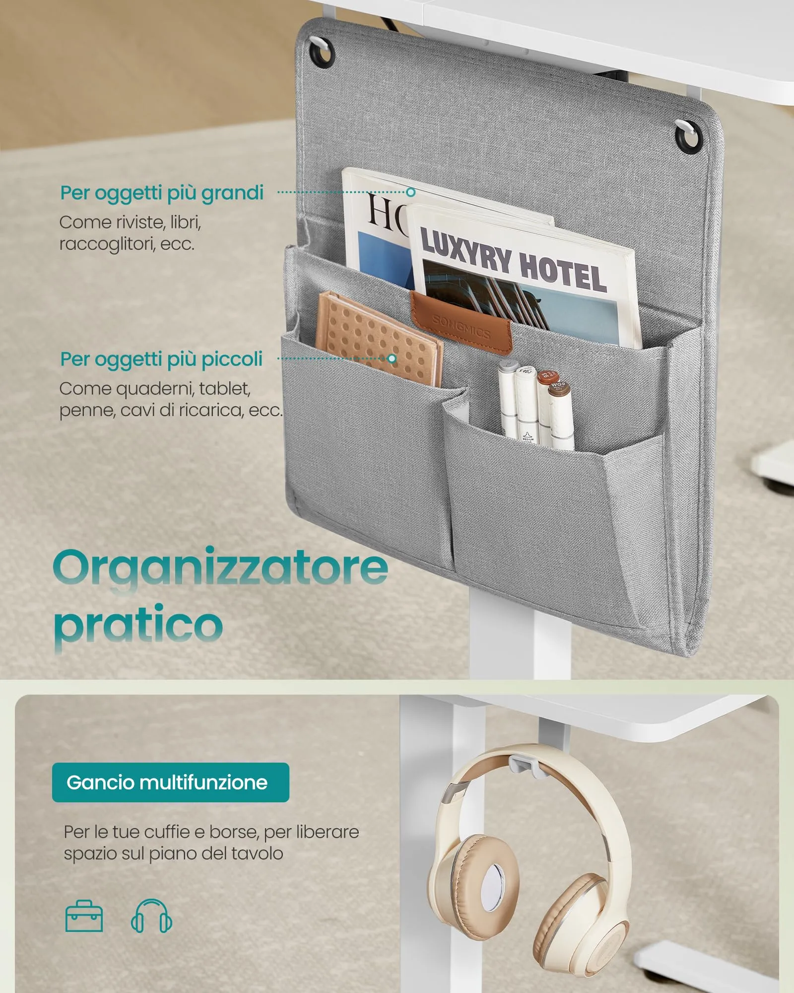 SONGMICS Scrivania Regolabile in Altezza Elettrica, 100 x 60 cm, Memoria per 4 Altezze, Porta USB-C, Bianco Opaco LSD130WZ01 - immagine 5