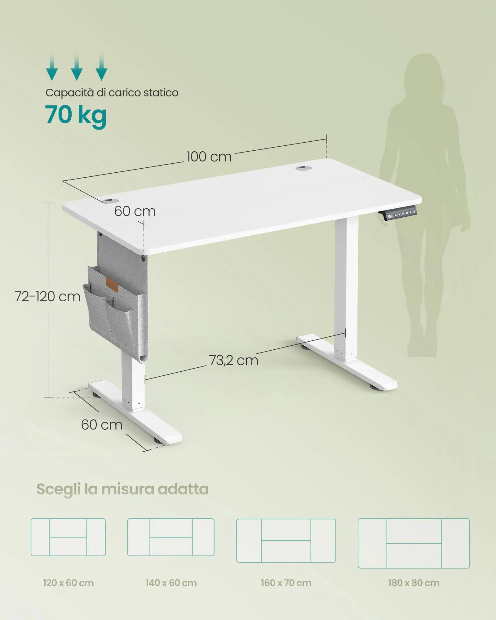 SONGMICS Scrivania Regolabile in Altezza Elettrica, 100 x 60 cm, Memoria per 4 Altezze, Porta USB-C, Bianco Opaco LSD130WZ01 - immagine 7