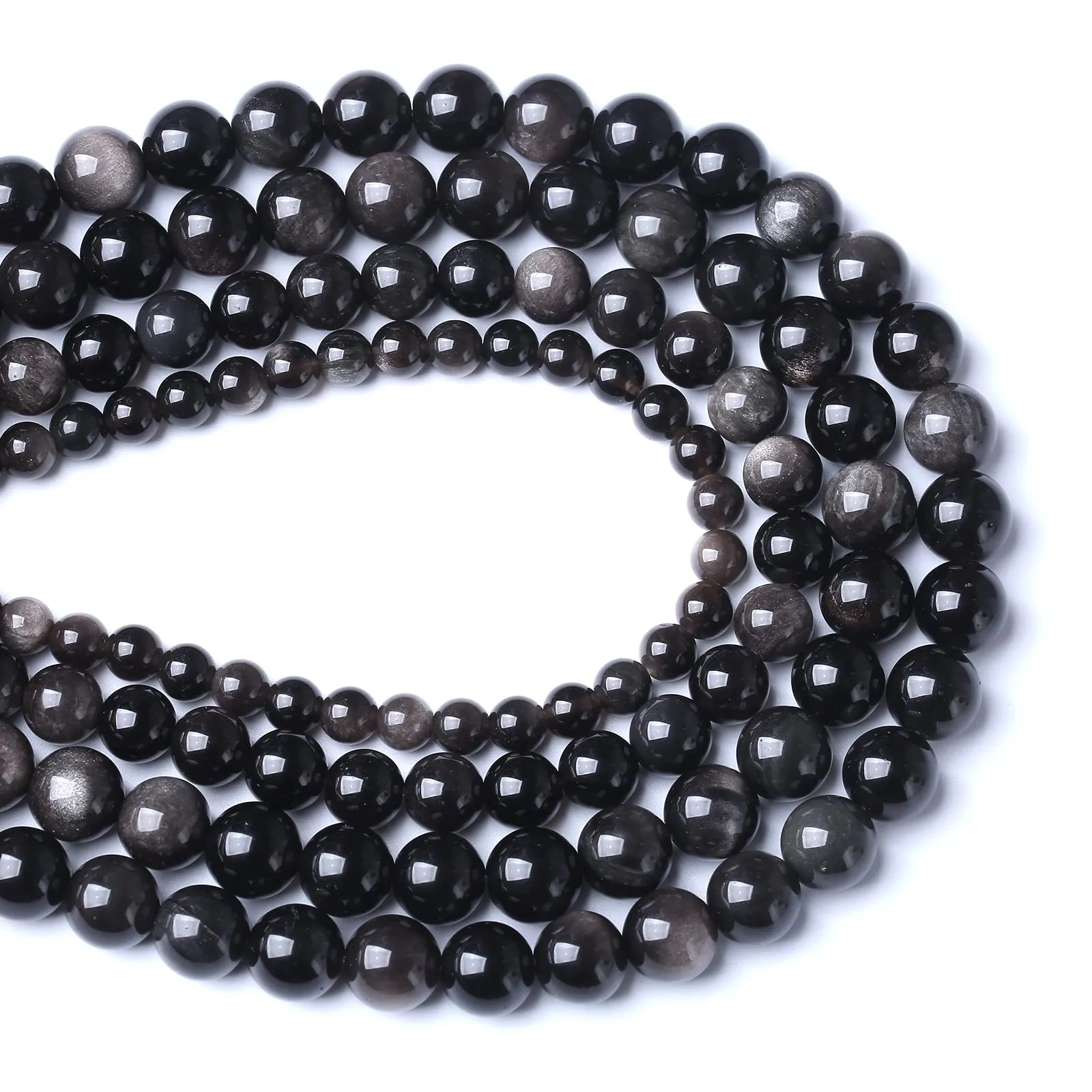 ZXYMLZI 32 Perline Rotonde in Ossidiana Naturale AAA, 12 mm, Color Argento - immagine 2