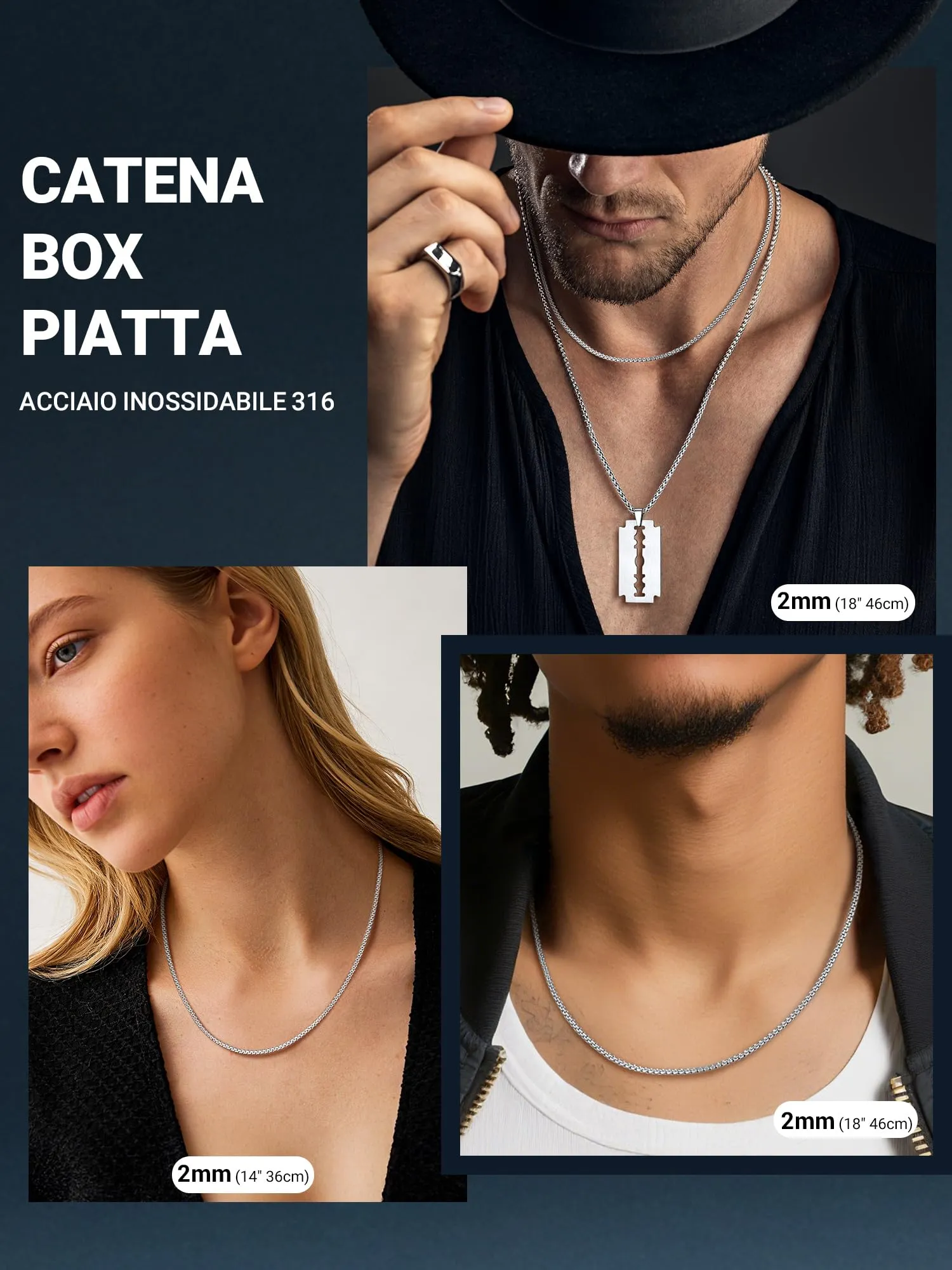 PROSTEEL Collana Catena Scatola Piatta in Acciaio Inossidabile 316L, 2mm, 36cm, Argento - immagine 3