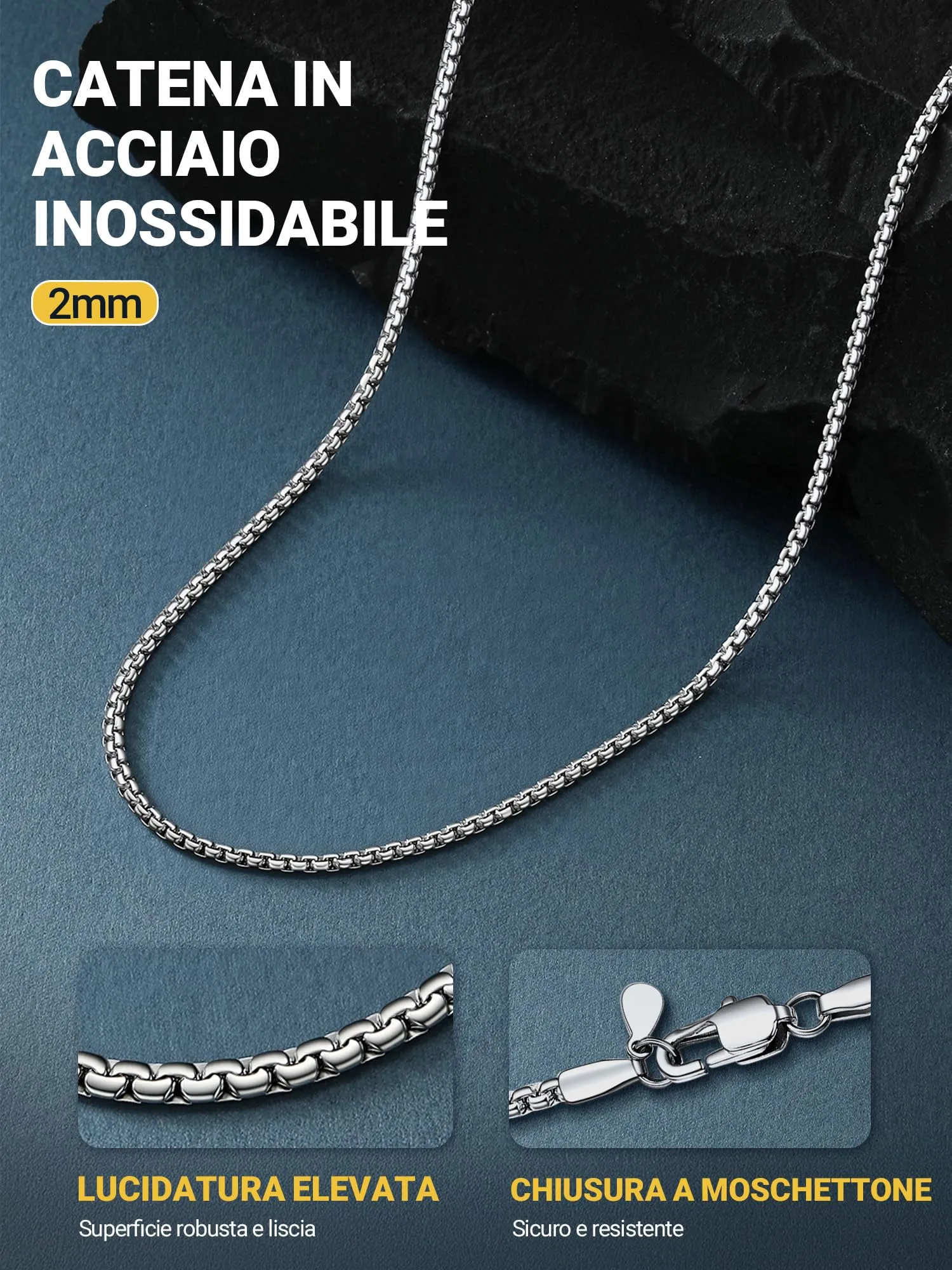 PROSTEEL Collana Catena Scatola Piatta in Acciaio Inossidabile 316L, 2mm, 36cm, Argento - immagine 7