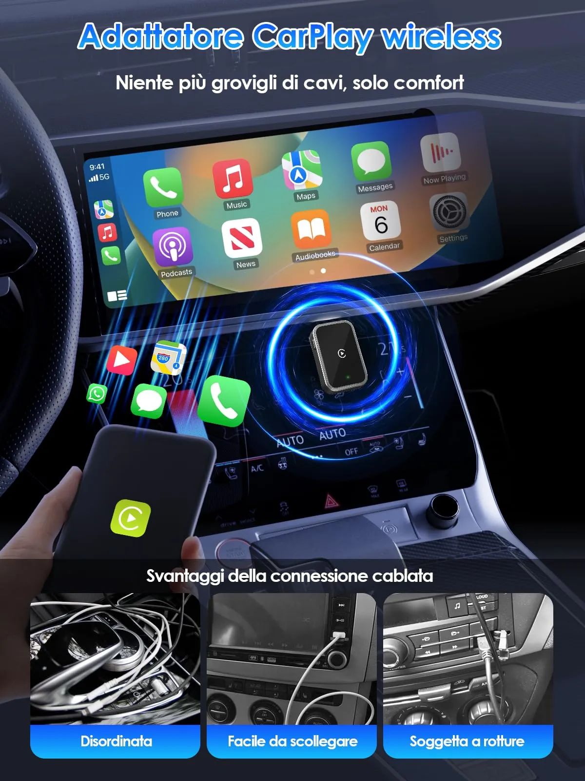 PARPAT Adattatore CarPlay Wireless 2026 USB/Type-C per iOS 12+ - immagine 3