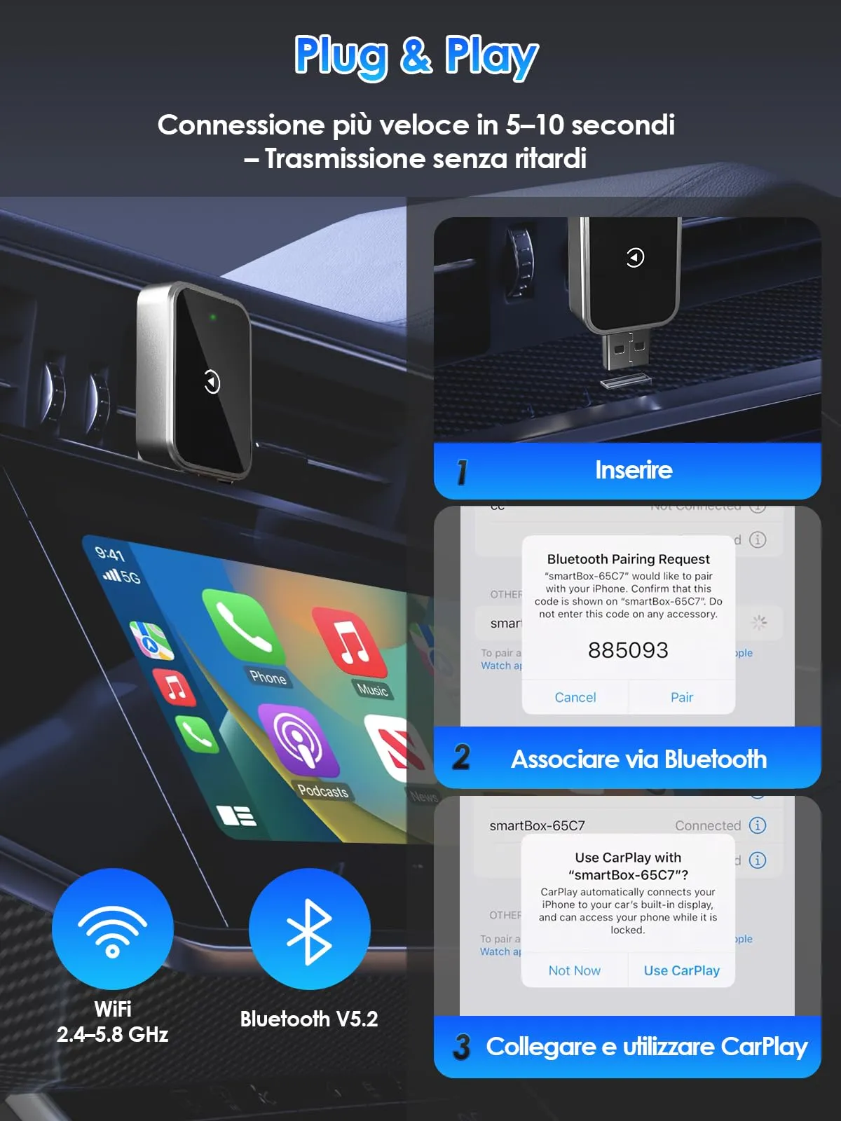 PARPAT Adattatore CarPlay Wireless 2026 USB/Type-C per iOS 12+ - immagine 4