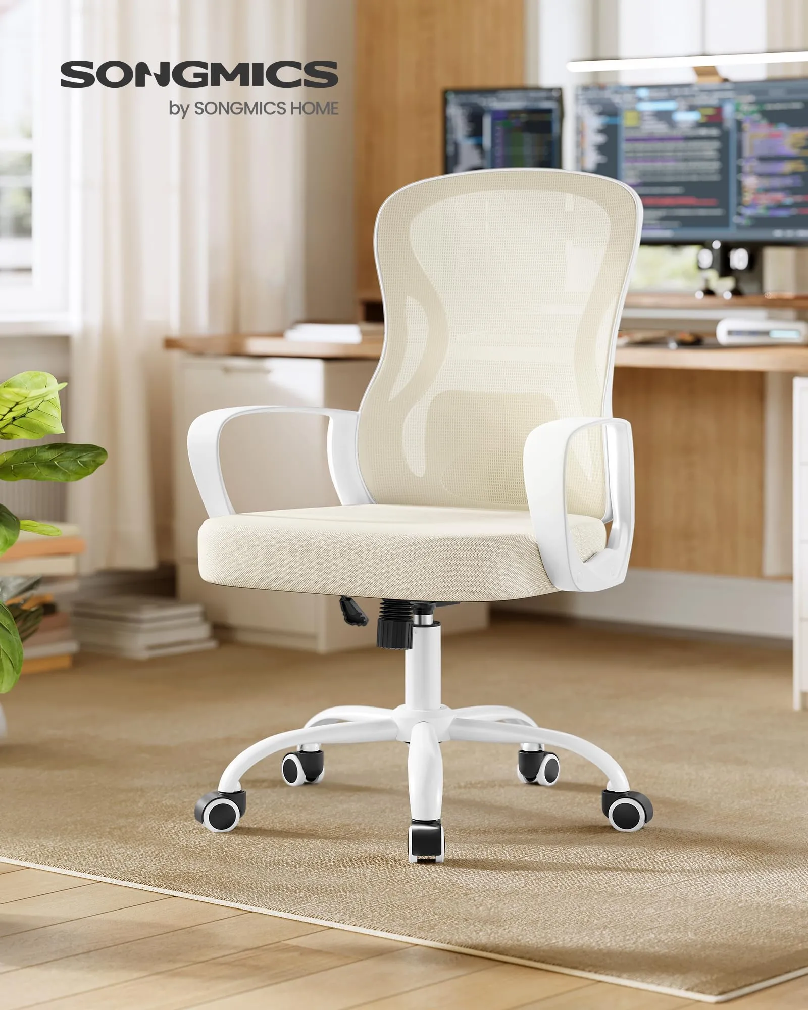 SONGMICS Sedia Ufficio Ergonomica Girevole in Rete con Supporto Lombare e Funzione Oscillante, Beige Cappuccino e Bianco Nuvola OBN043LH02 - immagine 2