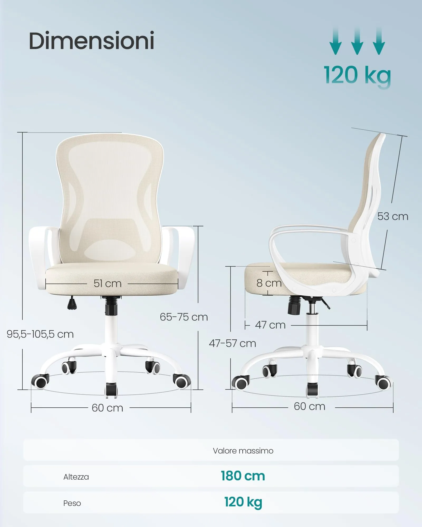 SONGMICS Sedia Ufficio Ergonomica Girevole in Rete con Supporto Lombare e Funzione Oscillante, Beige Cappuccino e Bianco Nuvola OBN043LH02 - immagine 3