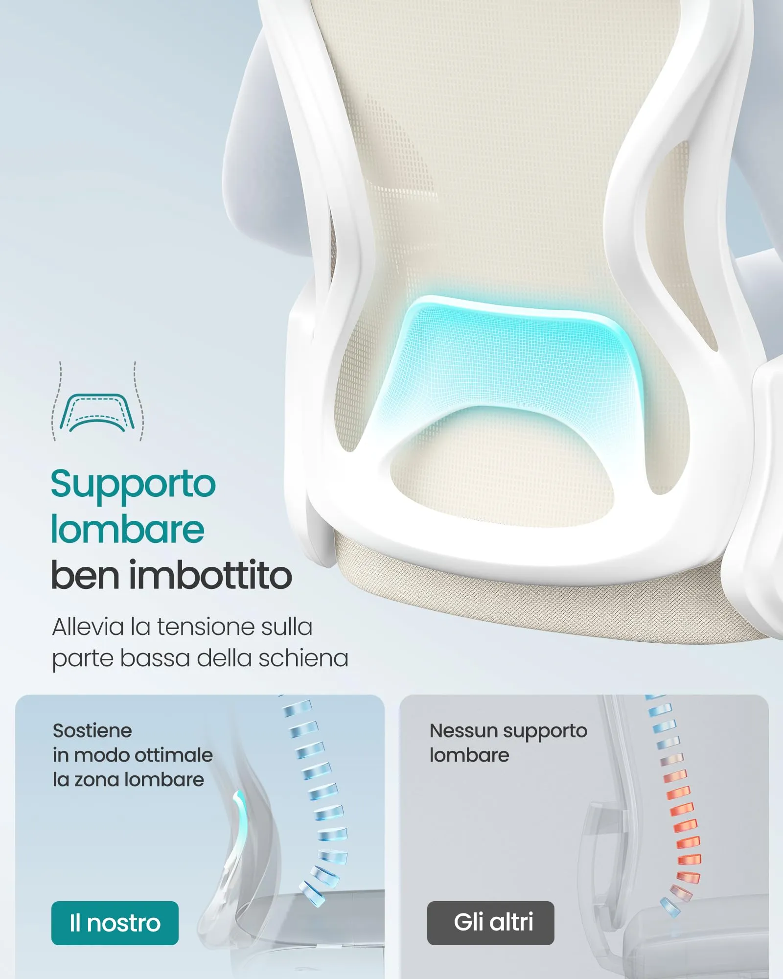 SONGMICS Sedia Ufficio Ergonomica Girevole in Rete con Supporto Lombare e Funzione Oscillante, Beige Cappuccino e Bianco Nuvola OBN043LH02 - immagine 4