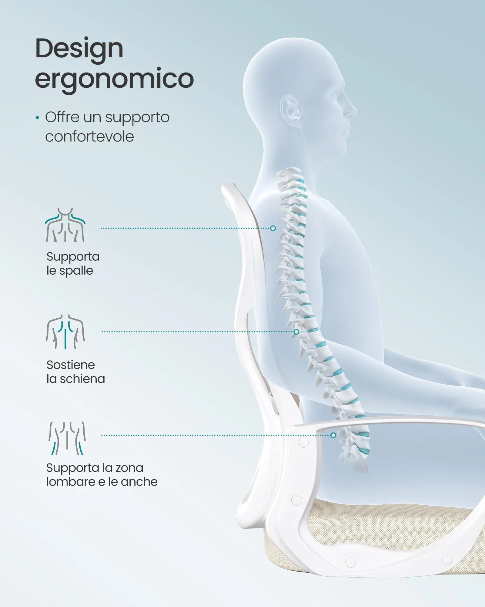 SONGMICS Sedia Ufficio Ergonomica Girevole in Rete con Supporto Lombare e Funzione Oscillante, Beige Cappuccino e Bianco Nuvola OBN043LH02 - immagine 5