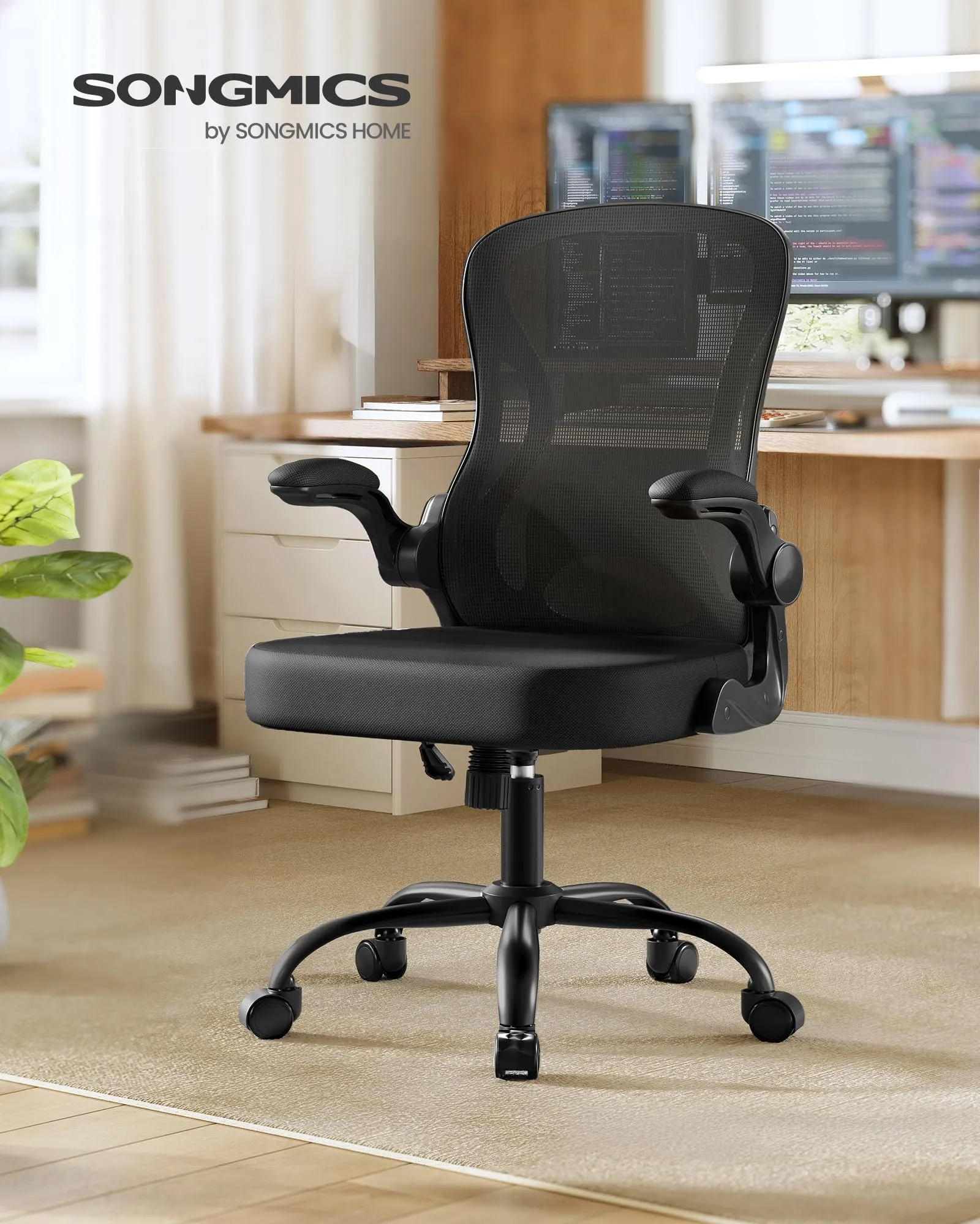 SONGMICS Sedia Ufficio Ergonomica Girevole in Rete con Supporto Lombare e Braccioli Ribaltabili, Nero Inchiostro OBN042BH02 - immagine 2