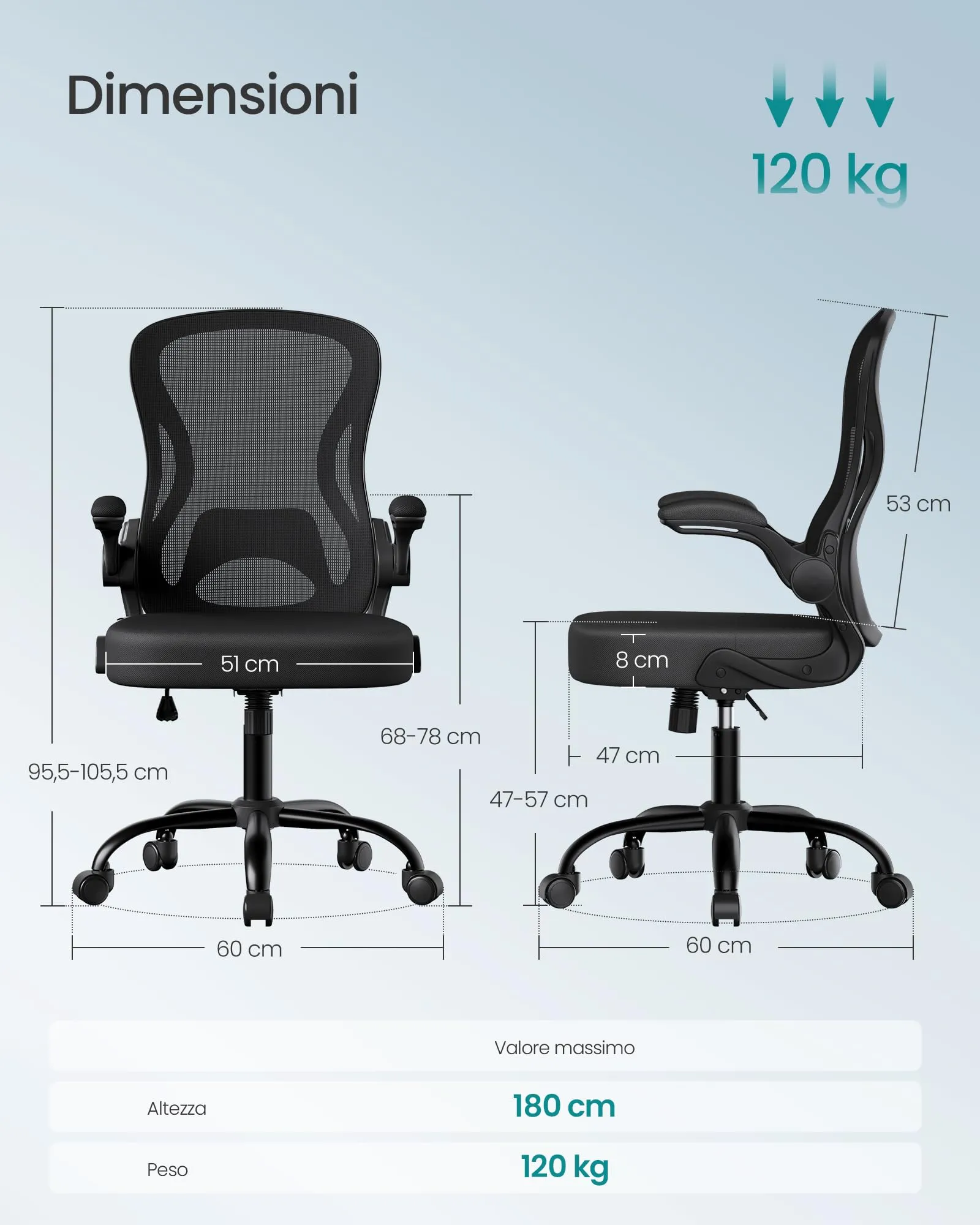 SONGMICS Sedia Ufficio Ergonomica Girevole in Rete con Supporto Lombare e Braccioli Ribaltabili, Nero Inchiostro OBN042BH02 - immagine 3