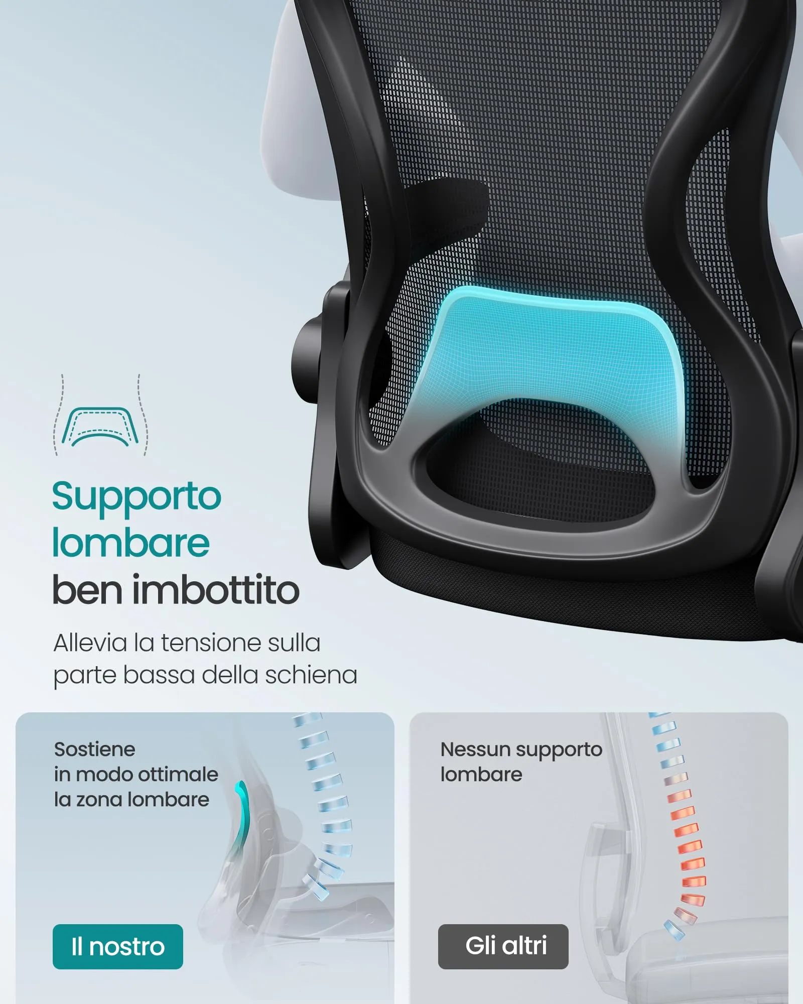SONGMICS Sedia Ufficio Ergonomica Girevole in Rete con Supporto Lombare e Braccioli Ribaltabili, Nero Inchiostro OBN042BH02 - immagine 4