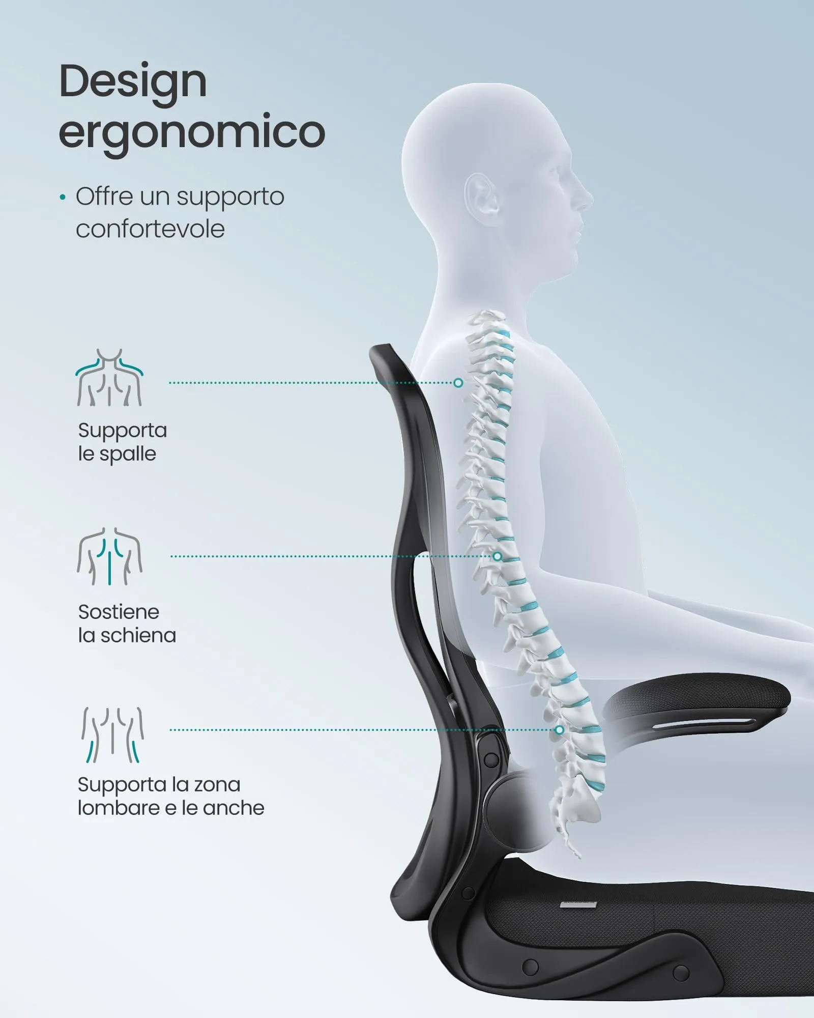SONGMICS Sedia Ufficio Ergonomica Girevole in Rete con Supporto Lombare e Braccioli Ribaltabili, Nero Inchiostro OBN042BH02 - immagine 5