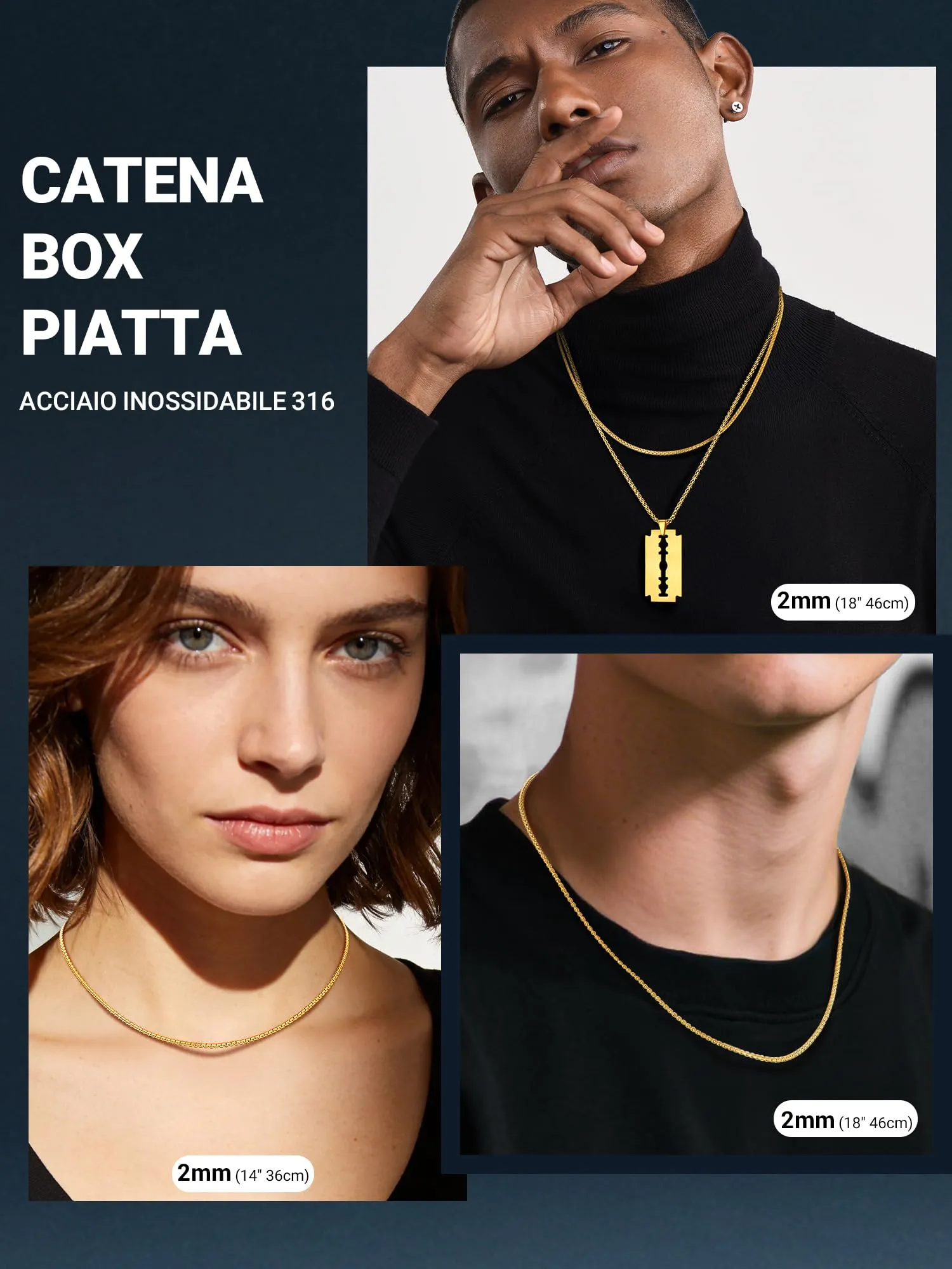 PROSTEEL Collana Catena in Acciaio Inossidabile 316L 2mm 55cm Oro - immagine 5