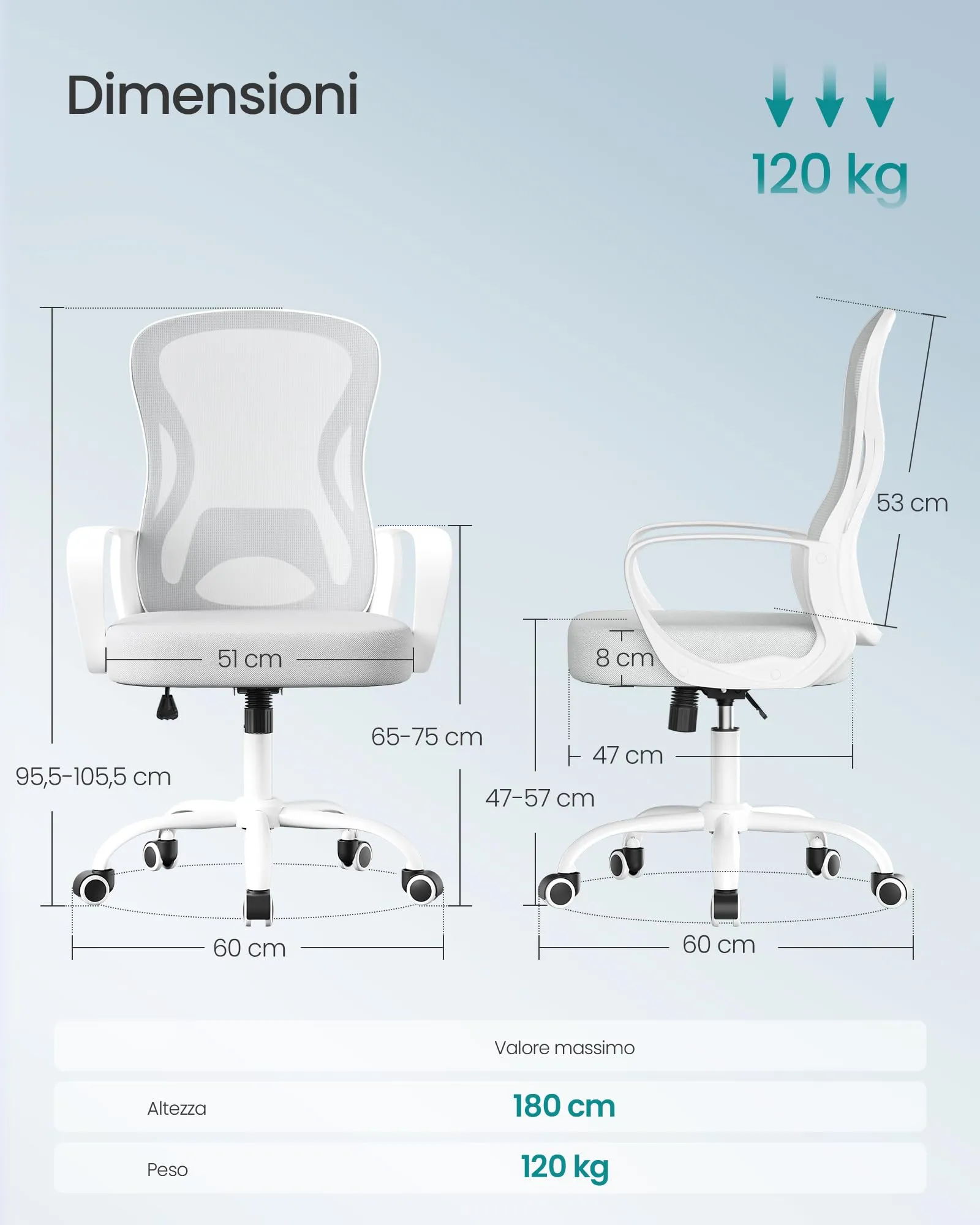 SONGMICS Sedia Ufficio Ergonomica Girevole in Rete, Supporto Lombare, Grigio Tortora e Bianco Nuvola OBN043GD02 - immagine 3