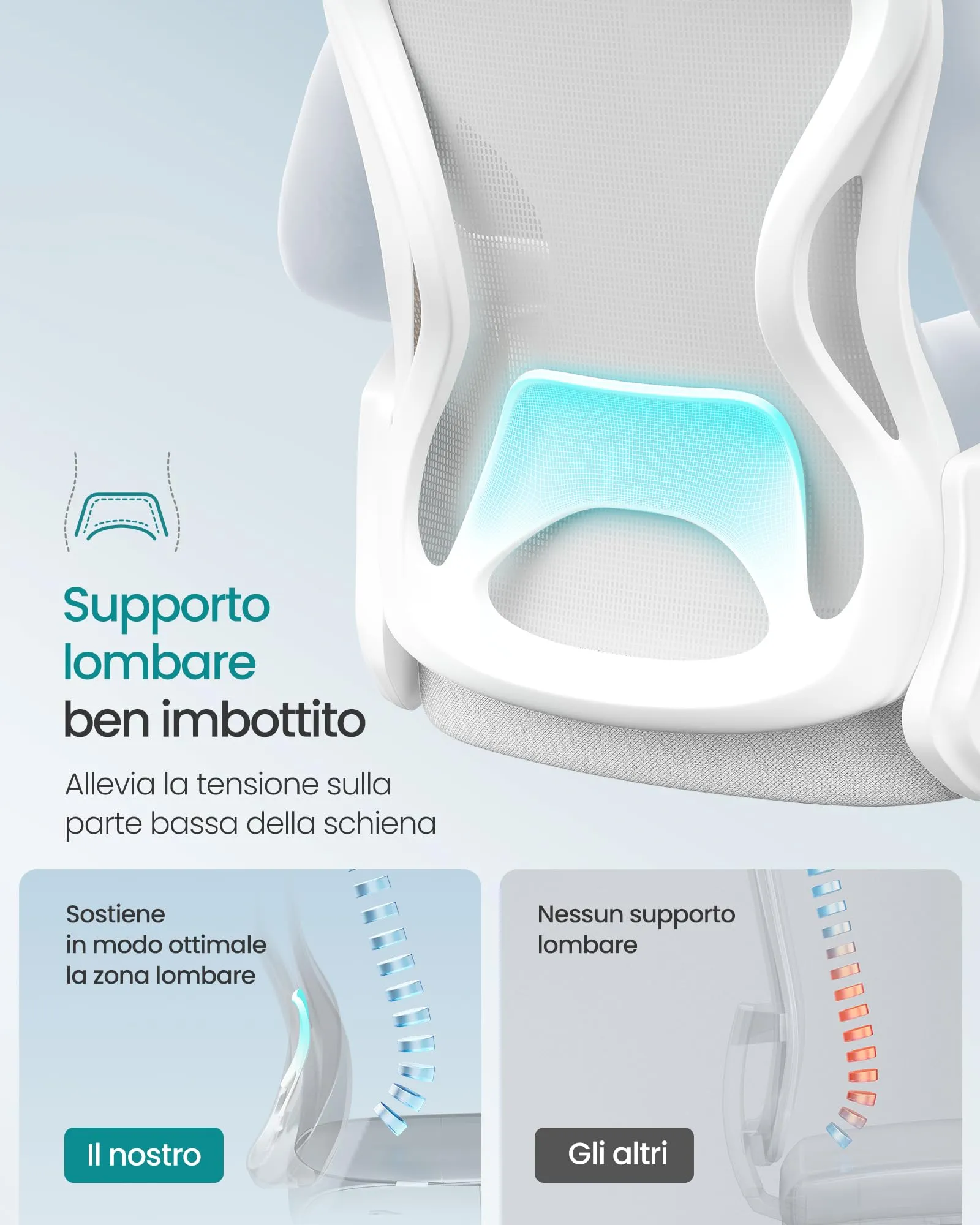 SONGMICS Sedia Ufficio Ergonomica Girevole in Rete, Supporto Lombare, Grigio Tortora e Bianco Nuvola OBN043GD02 - immagine 4