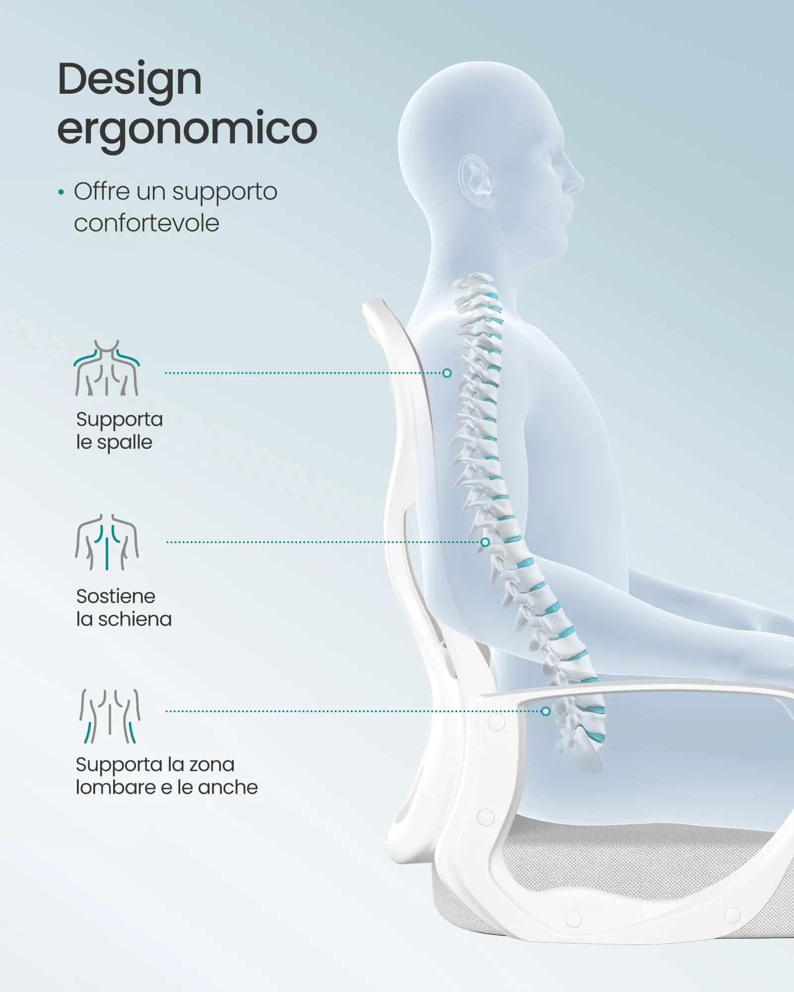 SONGMICS Sedia Ufficio Ergonomica Girevole in Rete, Supporto Lombare, Grigio Tortora e Bianco Nuvola OBN043GD02 - immagine 5