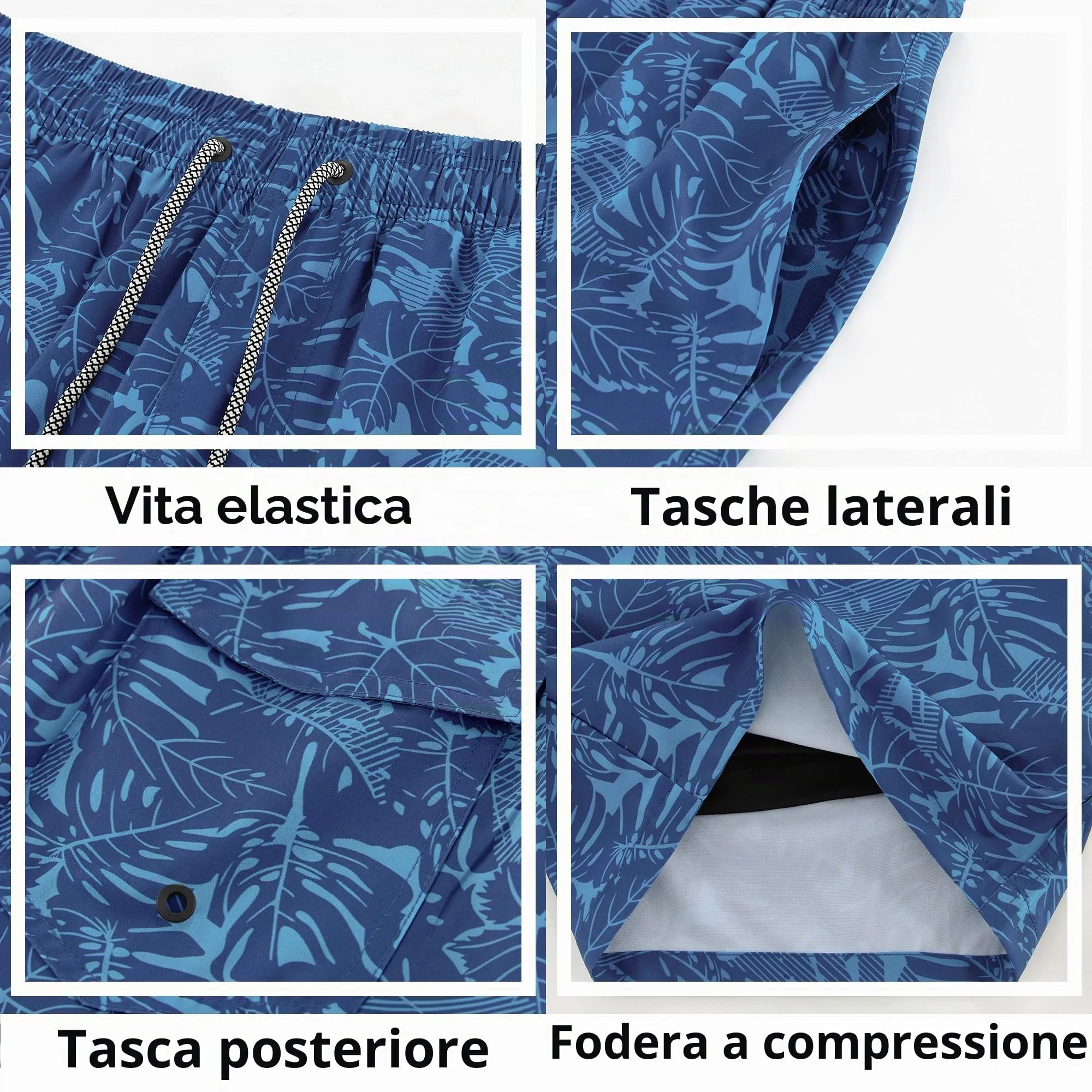 APTRO Pantaloncini da bagno da uomo con fodera a compressione, 17,8 cm, Foglia Blu, M - immagine 4