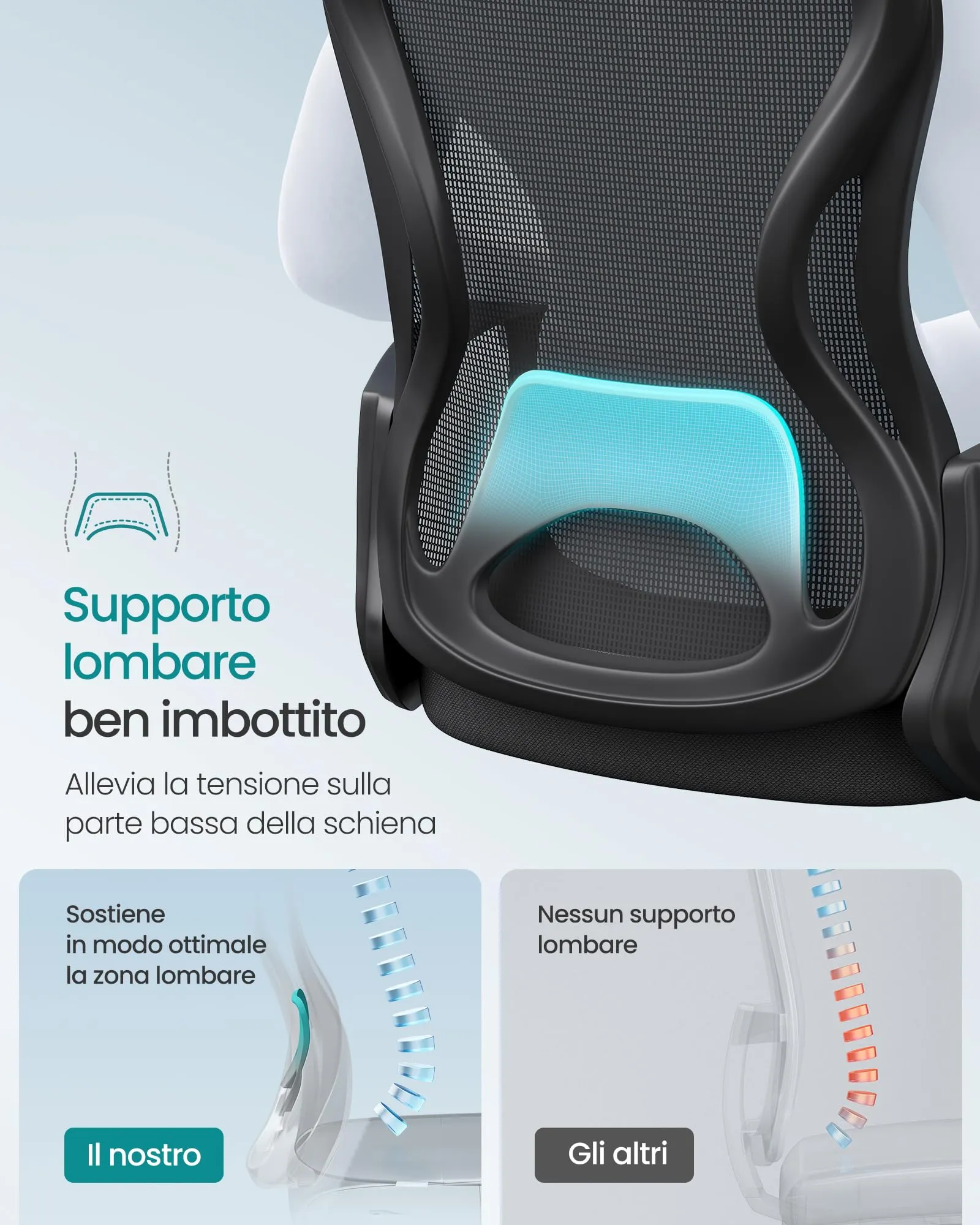 SONGMICS Sedia Ufficio Ergonomica in Rete con Supporto Lombare e Funzione Oscillante, Nero Inchiostro OBN043BH02 - immagine 5