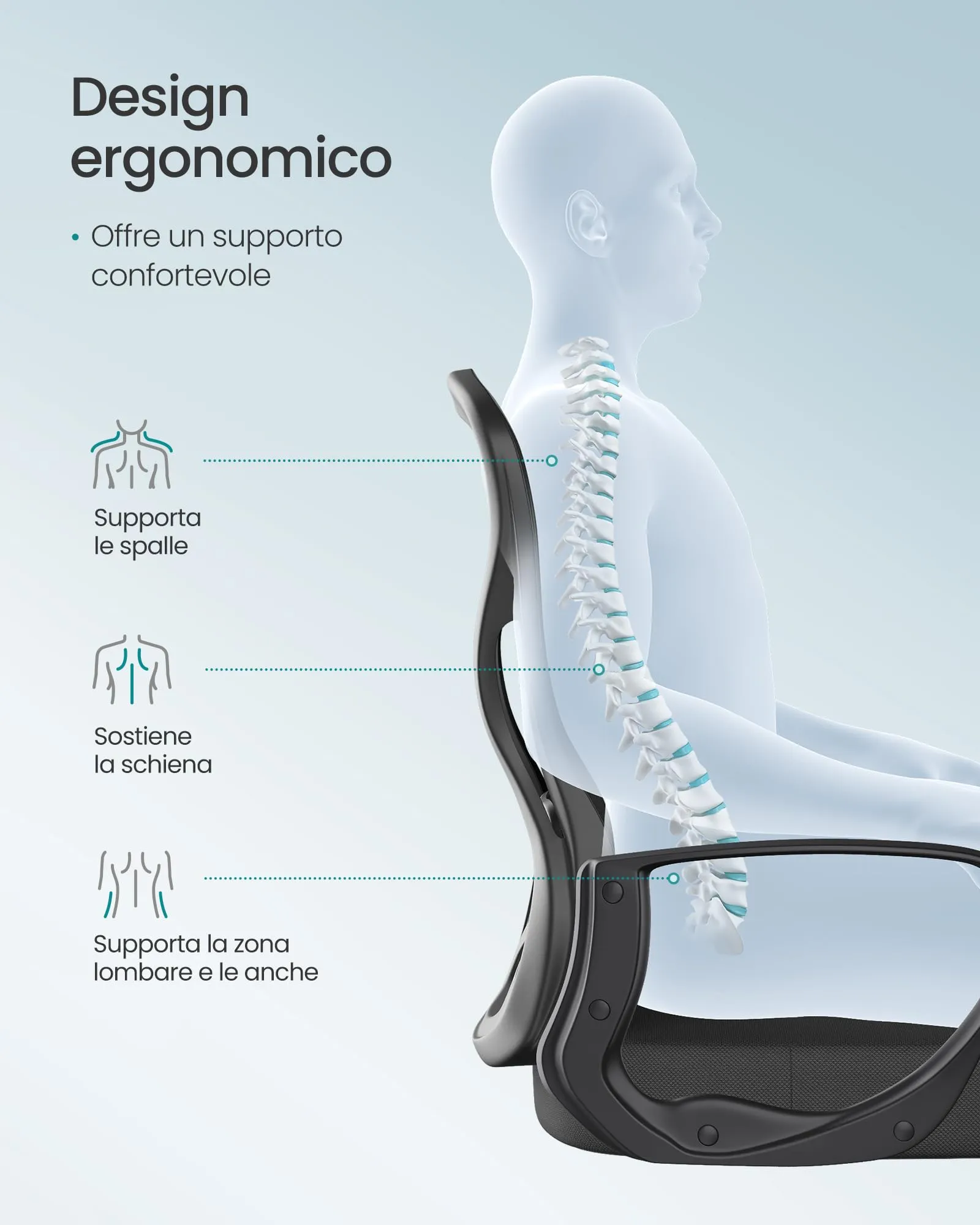 SONGMICS Sedia Ufficio Ergonomica in Rete con Supporto Lombare e Funzione Oscillante, Nero Inchiostro OBN043BH02 - immagine 6