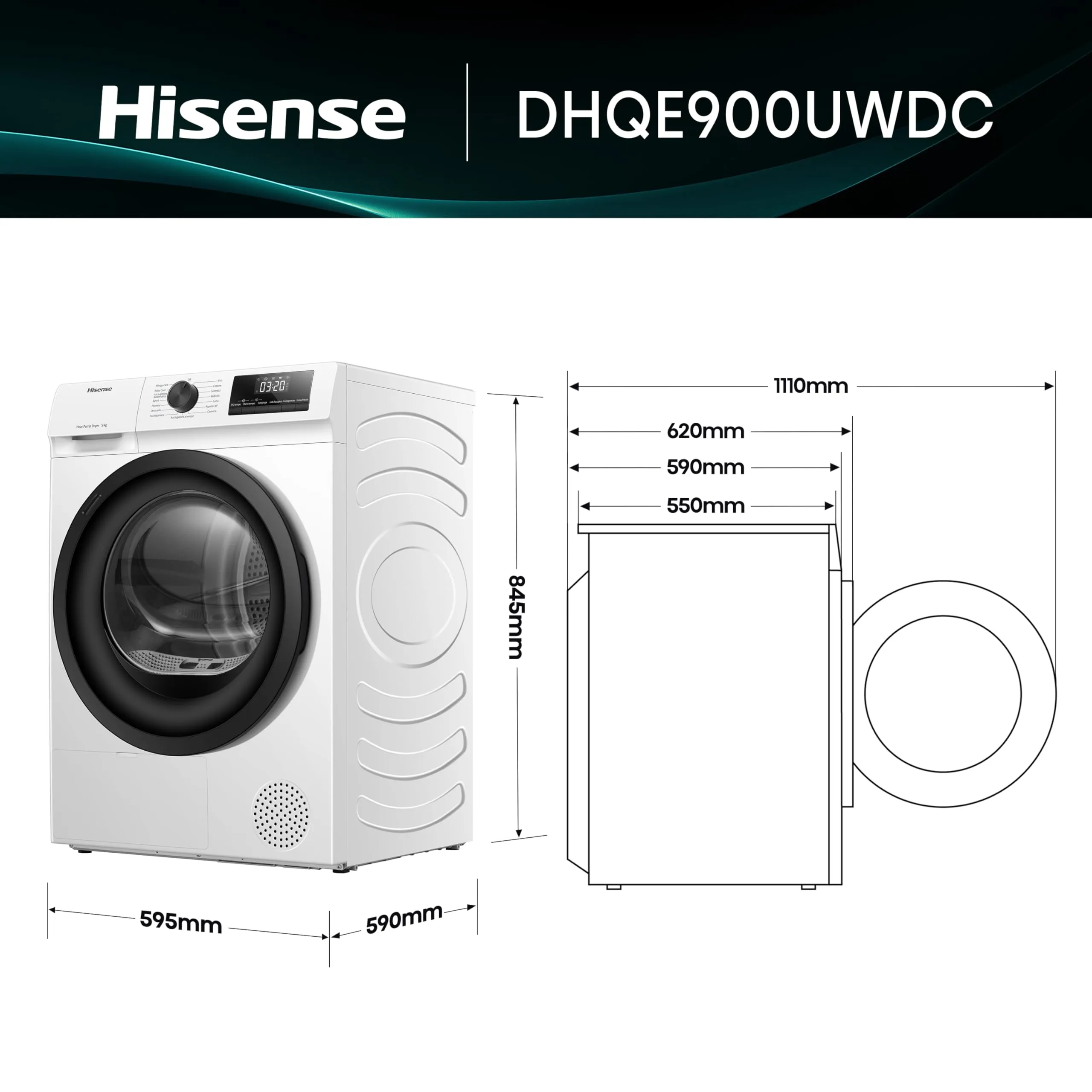 Hisense DHQE900UWDC Asciugatrice a Pompa di Calore, 9 Kg, Classe D, Bianco - immagine 2