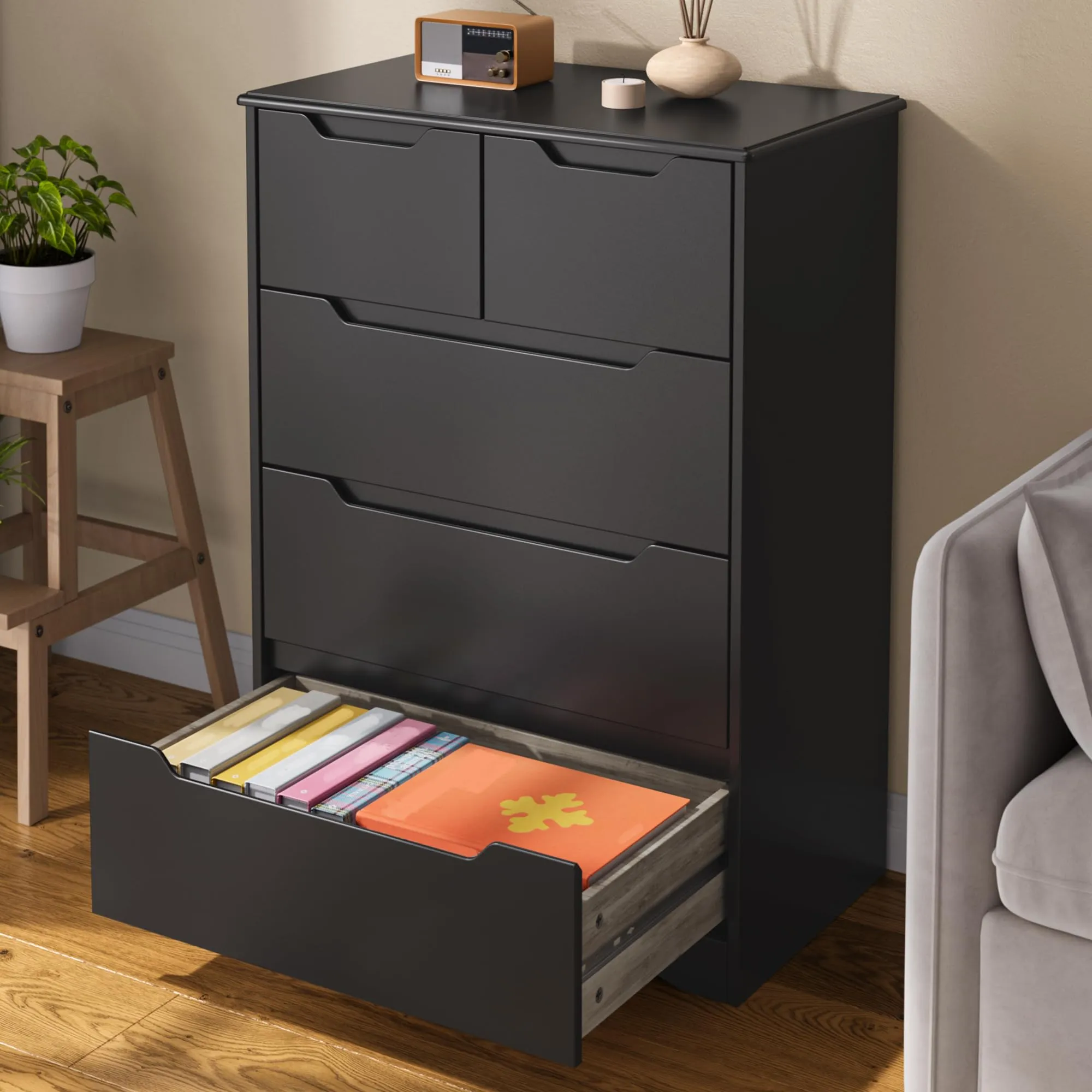 Blishom Cassettiera con 5 Cassetti, 94 x 72 x 41 cm, Nero - immagine 3