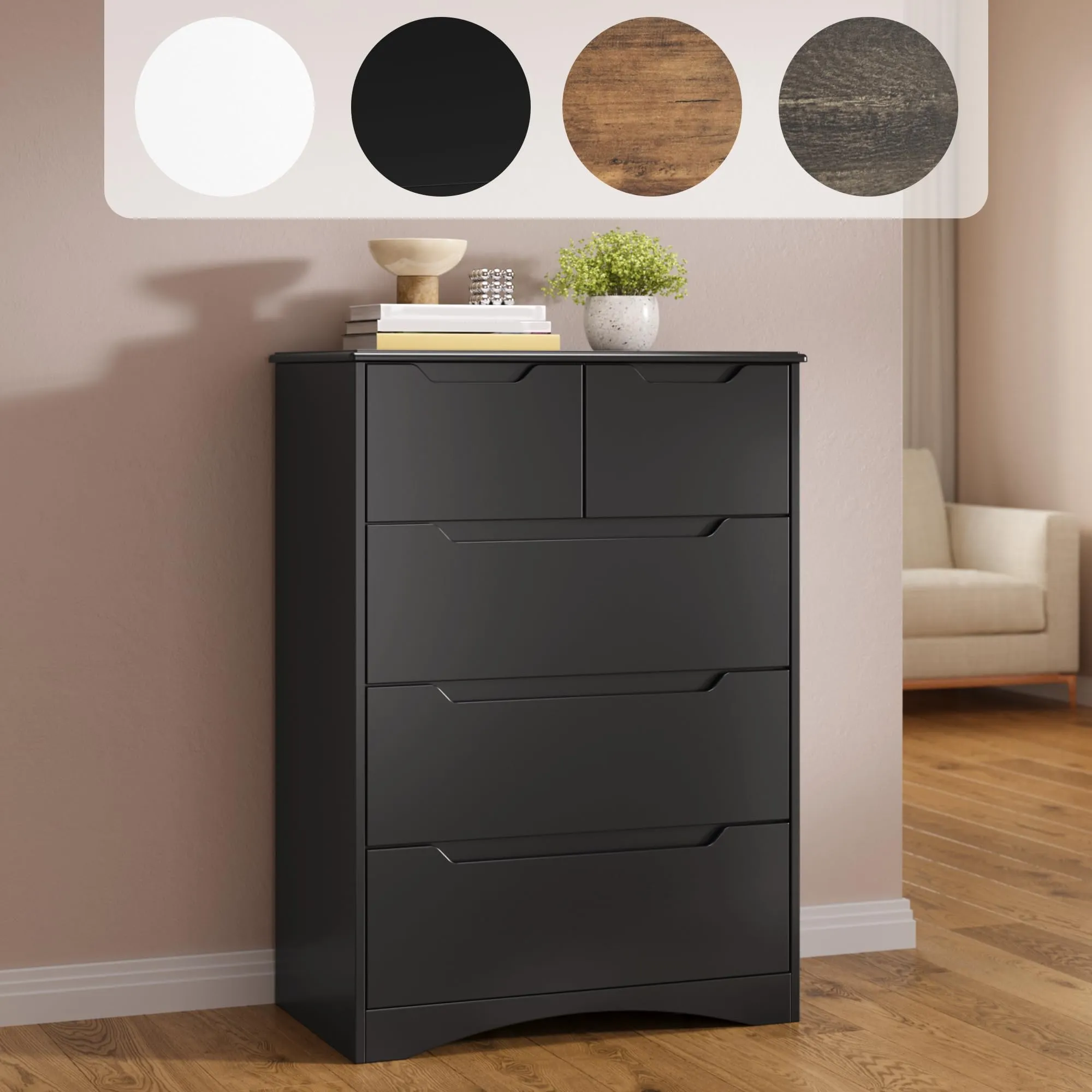 Blishom Cassettiera con 5 Cassetti, 94 x 72 x 41 cm, Nero - immagine 4