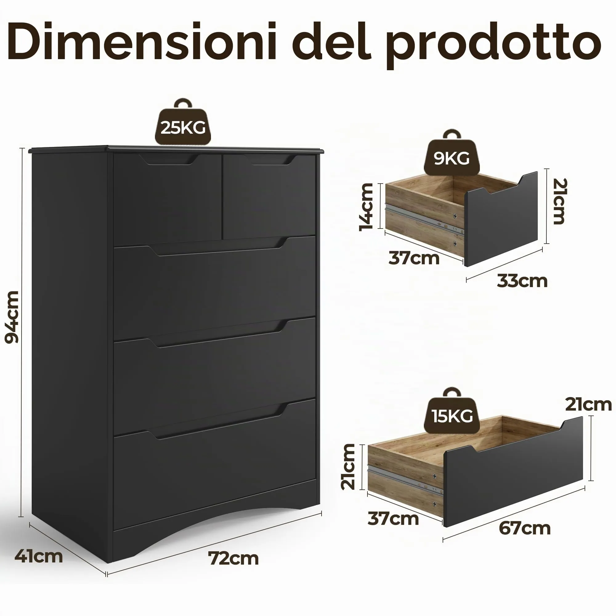 Blishom Cassettiera con 5 Cassetti, 94 x 72 x 41 cm, Nero - immagine 5
