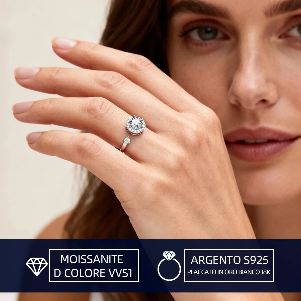 FEIKFEIZ Anello da donna in argento sterling 925 placcato oro bianco 18K con moissanite 1 ct regolabile - immagine 2