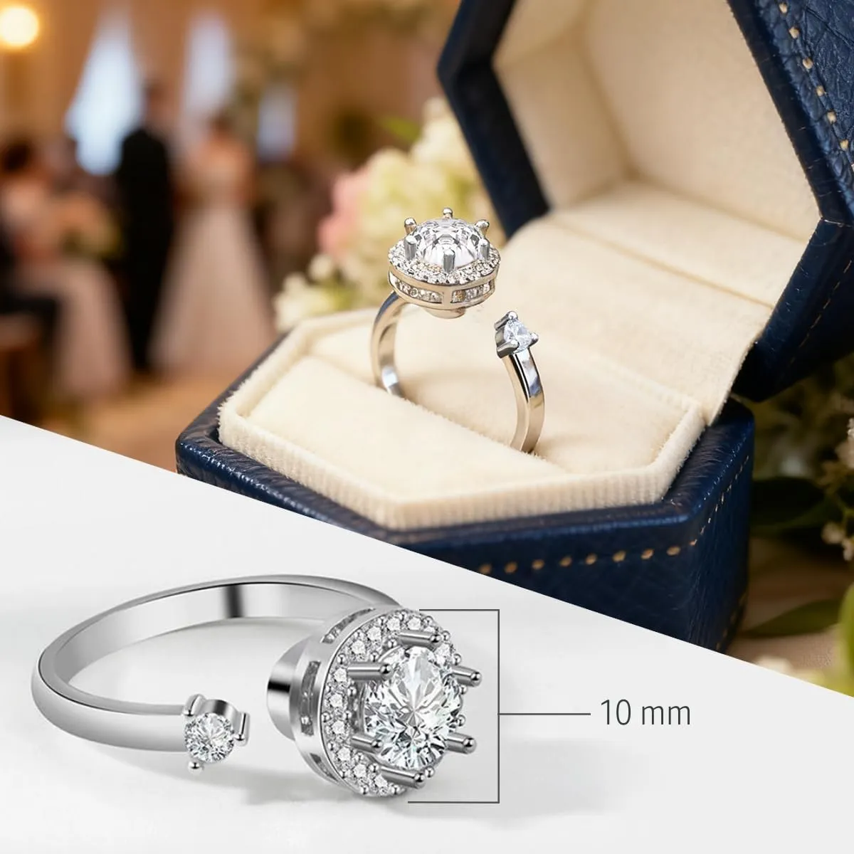 FEIKFEIZ Anello da donna in argento sterling 925 placcato oro bianco 18K con moissanite 1 ct regolabile - immagine 3