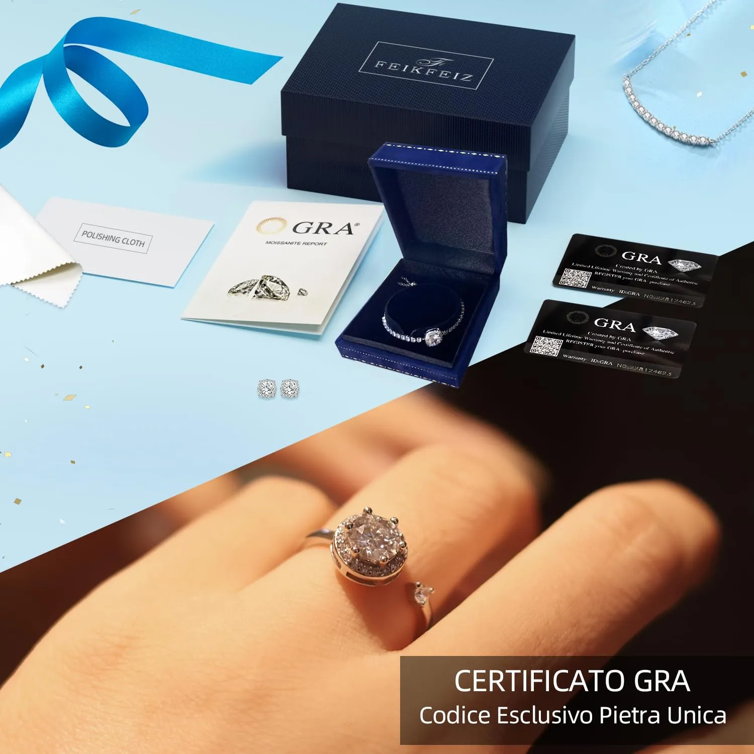 FEIKFEIZ Anello da donna in argento sterling 925 placcato oro bianco 18K con moissanite 1 ct regolabile - immagine 5