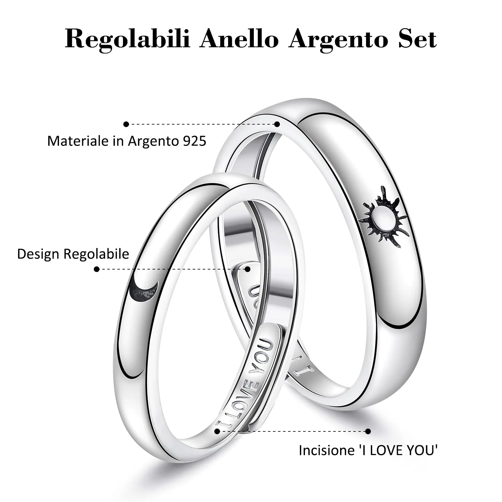 J.Fée Set Anelli Coppia Sole e Luna in Argento 925, Misura 57 mm - immagine 2