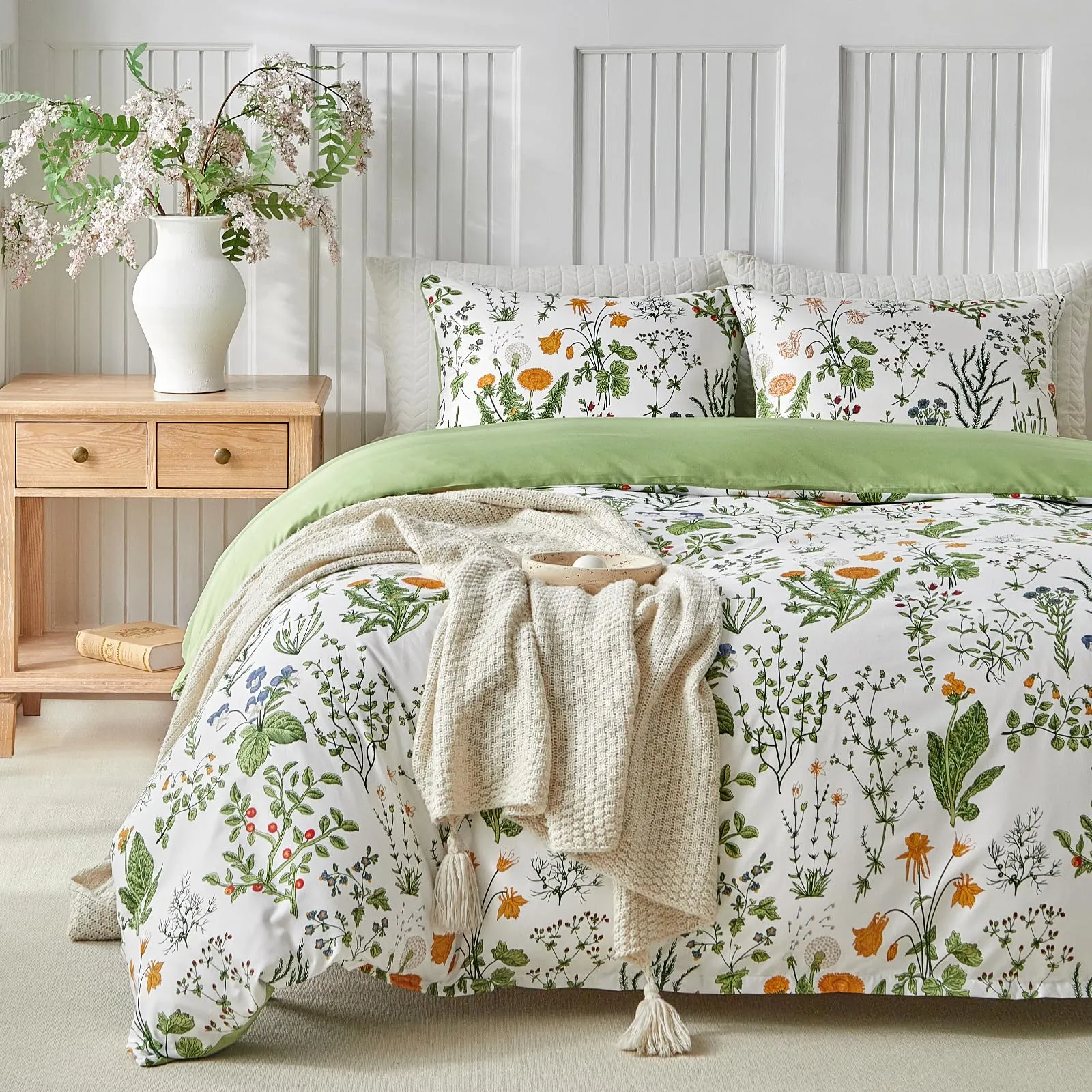 Tokokimo Set Copripiumino Matrimoniale 3 Pezzi in Microfibra con Motivo a Ramoscelli e Foglie, 240x220cm, Dente di Leone - immagine 1