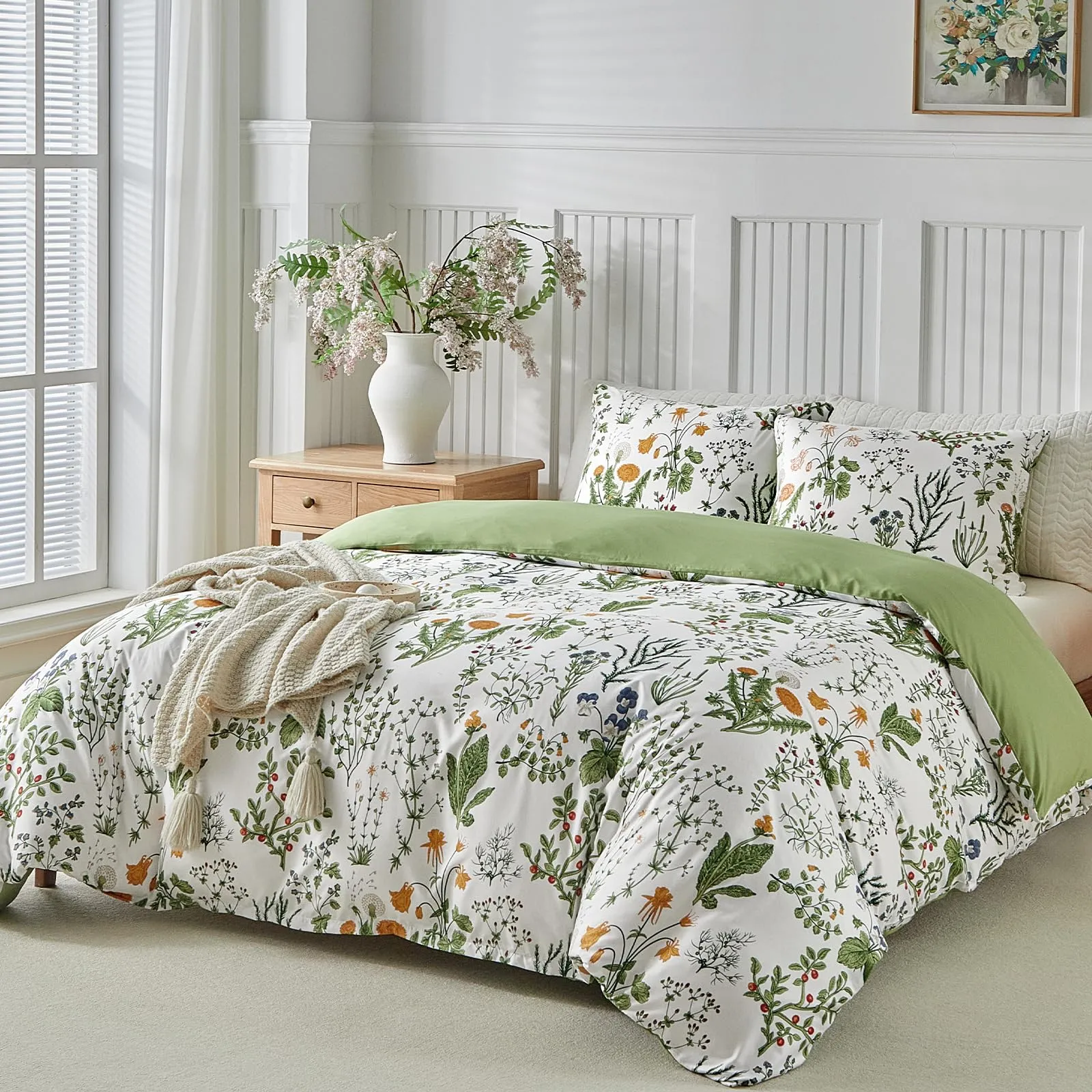 Tokokimo Set Copripiumino Matrimoniale 3 Pezzi in Microfibra con Motivo a Ramoscelli e Foglie, 240x220cm, Dente di Leone - immagine 2