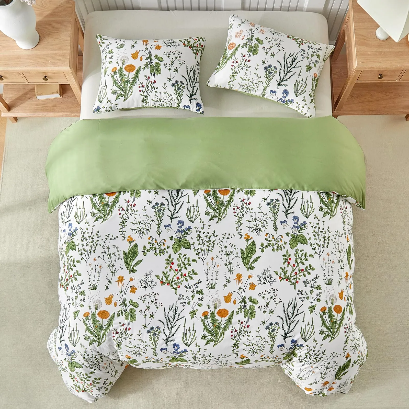 Tokokimo Set Copripiumino Matrimoniale 3 Pezzi in Microfibra con Motivo a Ramoscelli e Foglie, 240x220cm, Dente di Leone - immagine 3