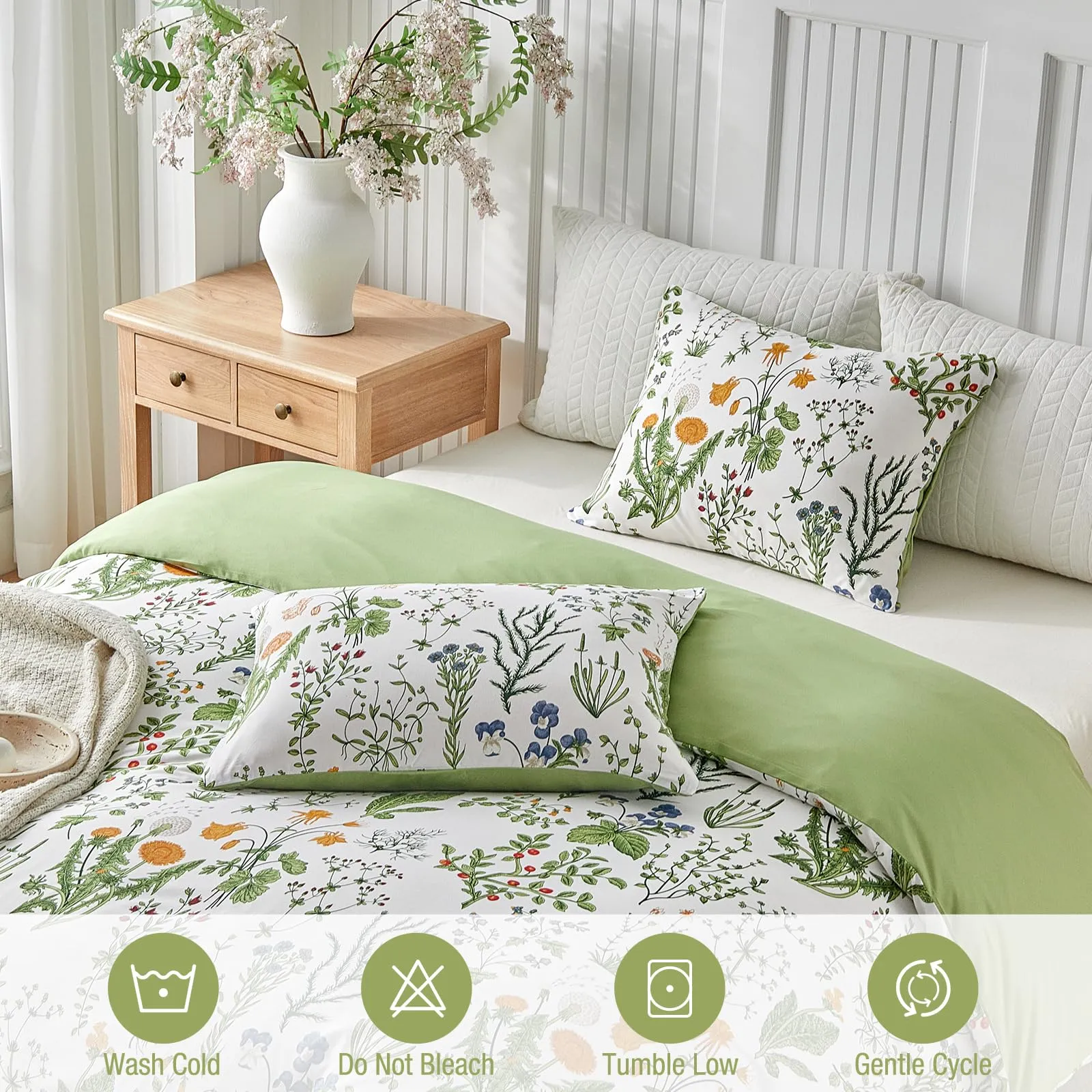 Tokokimo Set Copripiumino Matrimoniale 3 Pezzi in Microfibra con Motivo a Ramoscelli e Foglie, 240x220cm, Dente di Leone - immagine 8