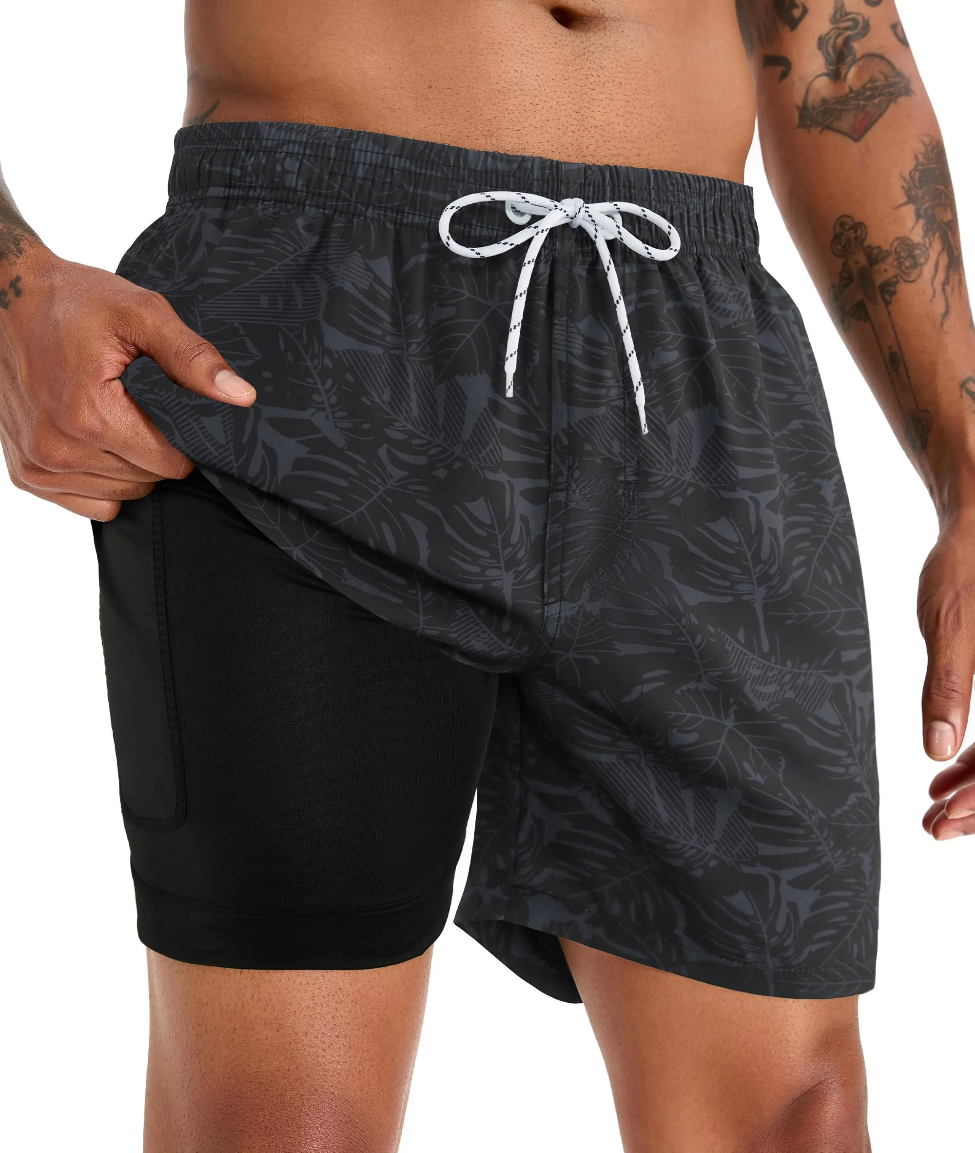 APTRO Pantaloncini da bagno da uomo con fodera a compressione, 17,8 cm, Foglia Nero, XXL - immagine 1