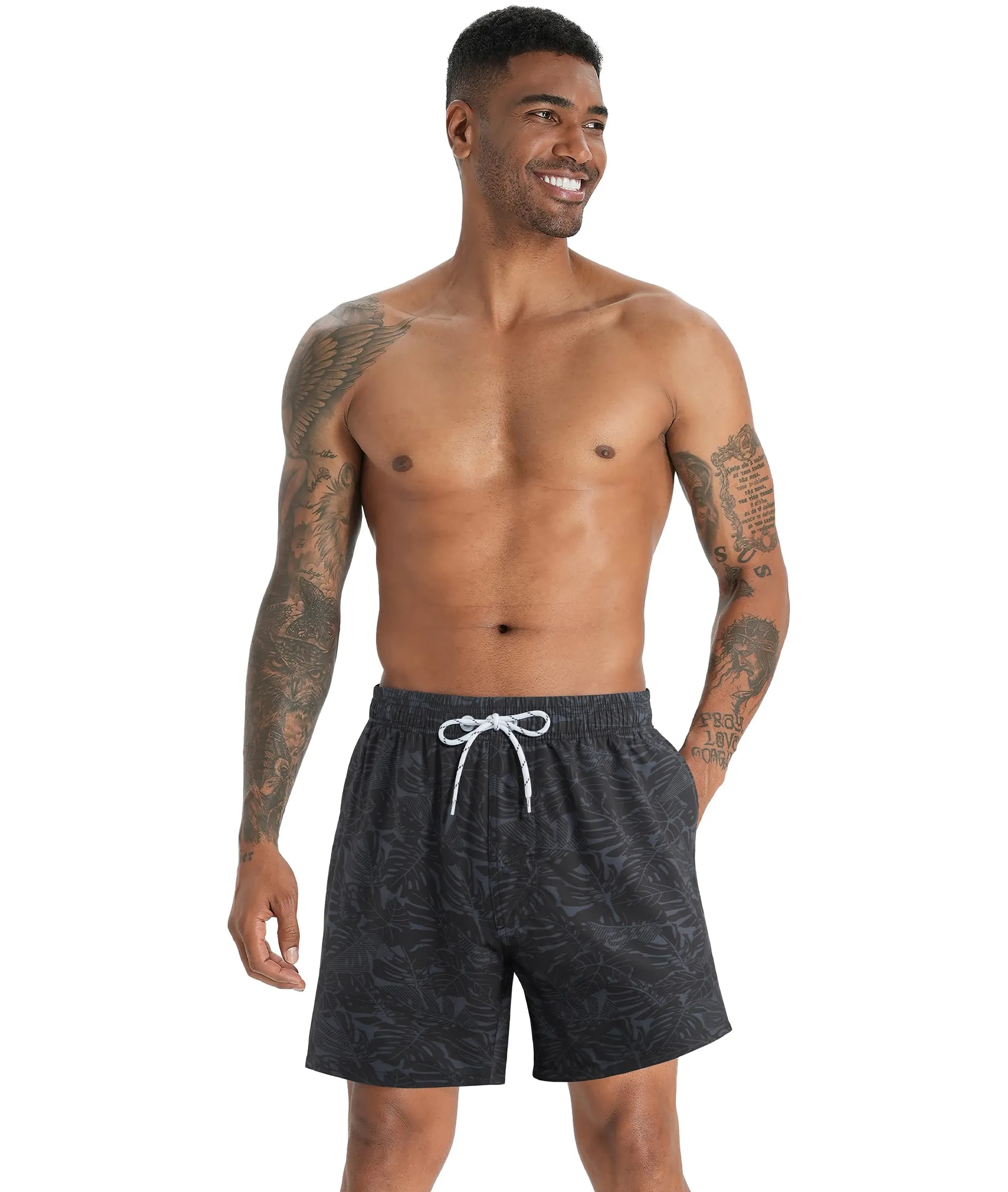 APTRO Pantaloncini da bagno da uomo con fodera a compressione, 17,8 cm, Foglia Nero, XXL - immagine 2