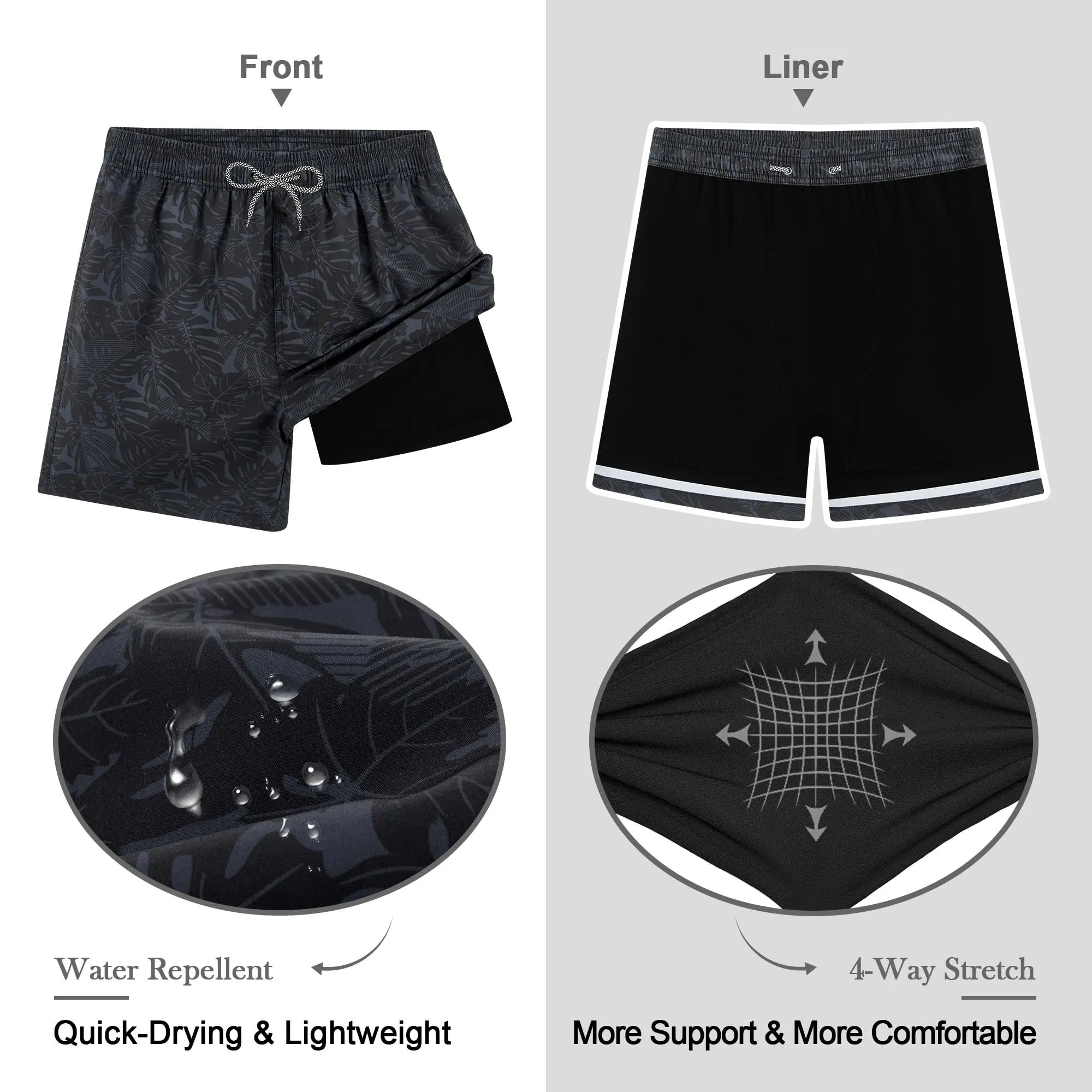 APTRO Pantaloncini da bagno da uomo con fodera a compressione, 17,8 cm, Foglia Nero, L - immagine 5