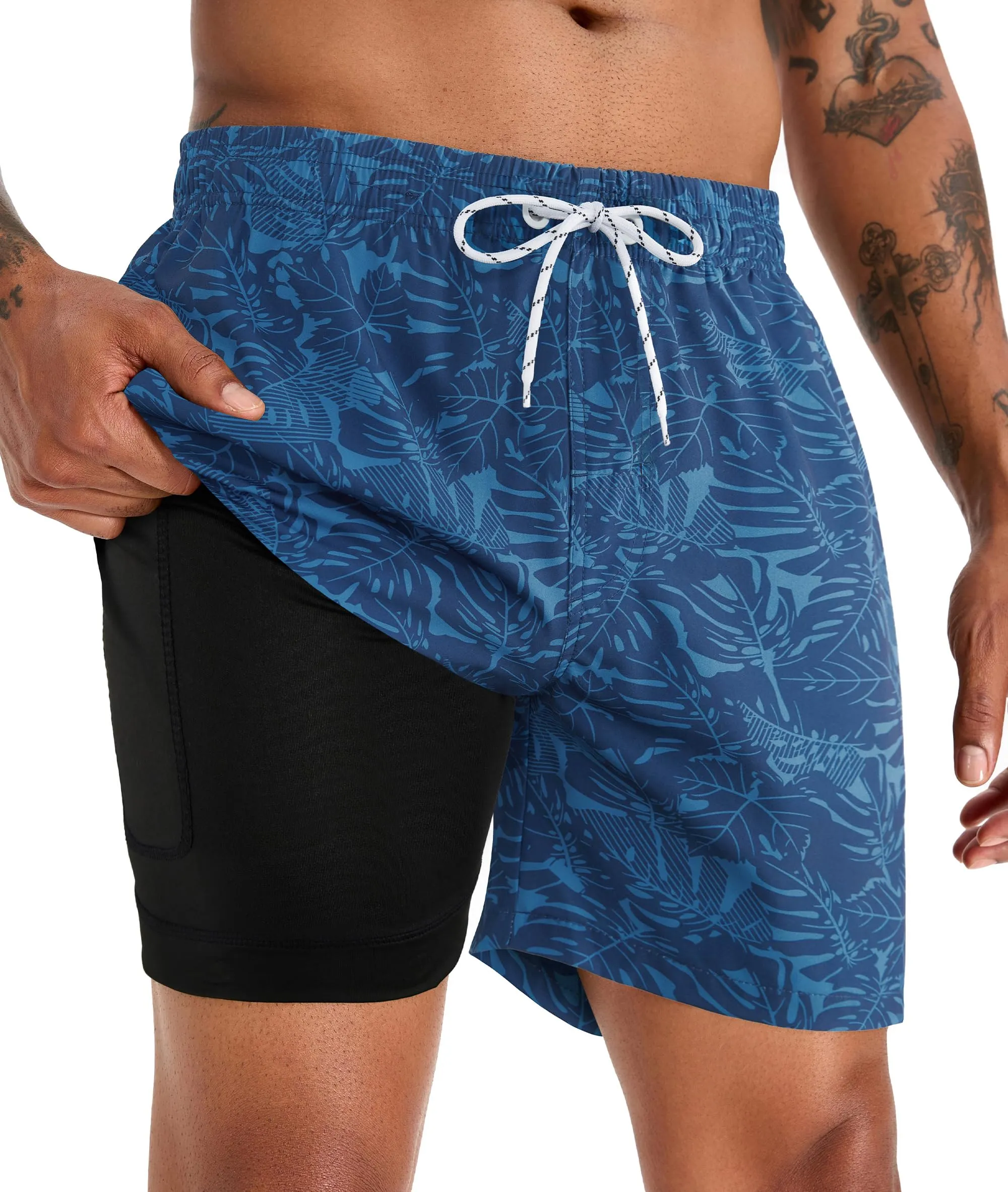 APTRO Pantaloncini da bagno da uomo con fodera a compressione, 17,8 cm, Foglia Blu, S - immagine 1