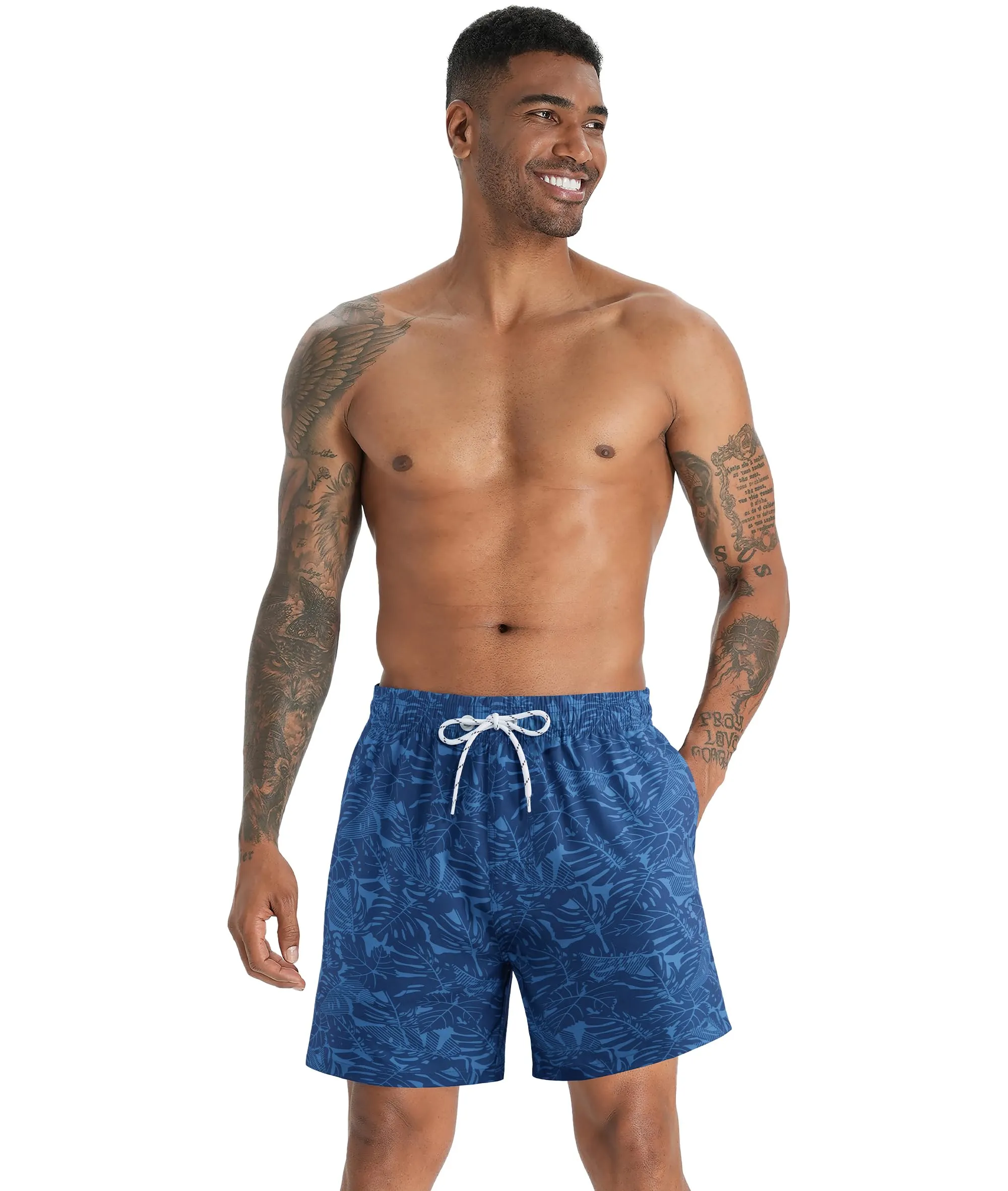 APTRO Pantaloncini da bagno da uomo con fodera a compressione, 17,8 cm, Foglia Blu, S - immagine 2